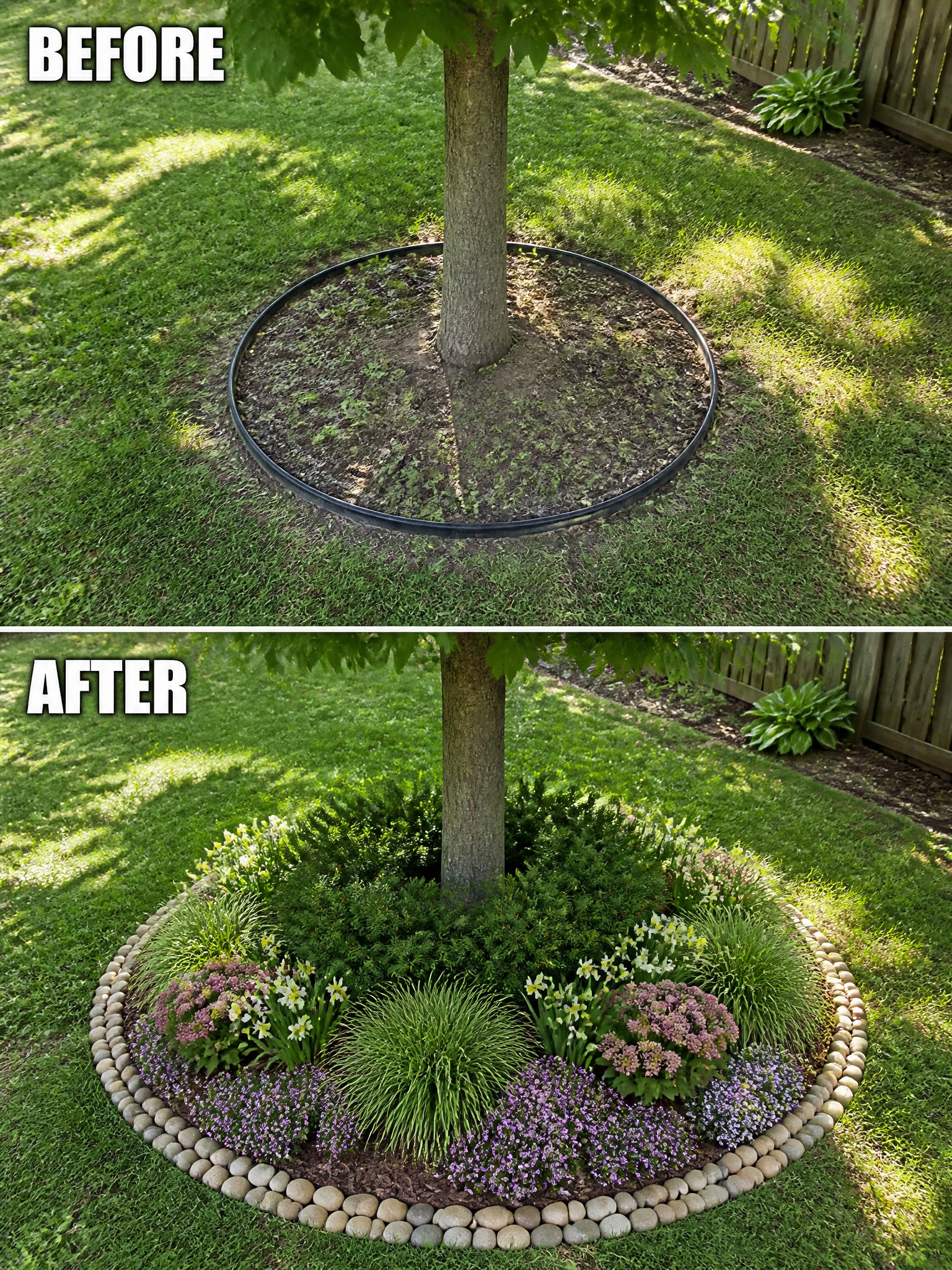Before-and-after image of a tree ring changed from bare soil with a black border to a planted flower bed with stone edging.