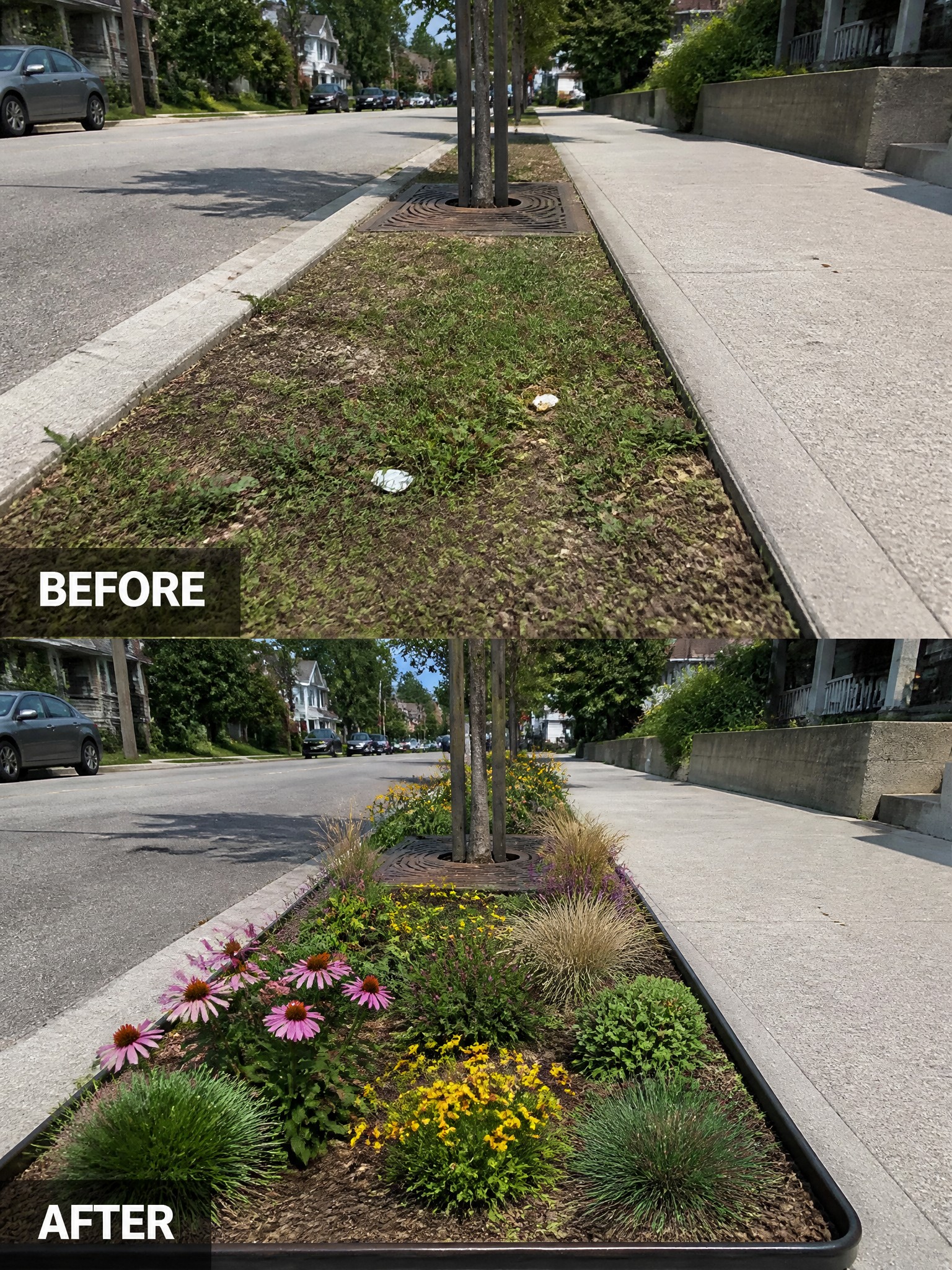Before and after of weedy roadside strip transformed into colorful flower garden bed