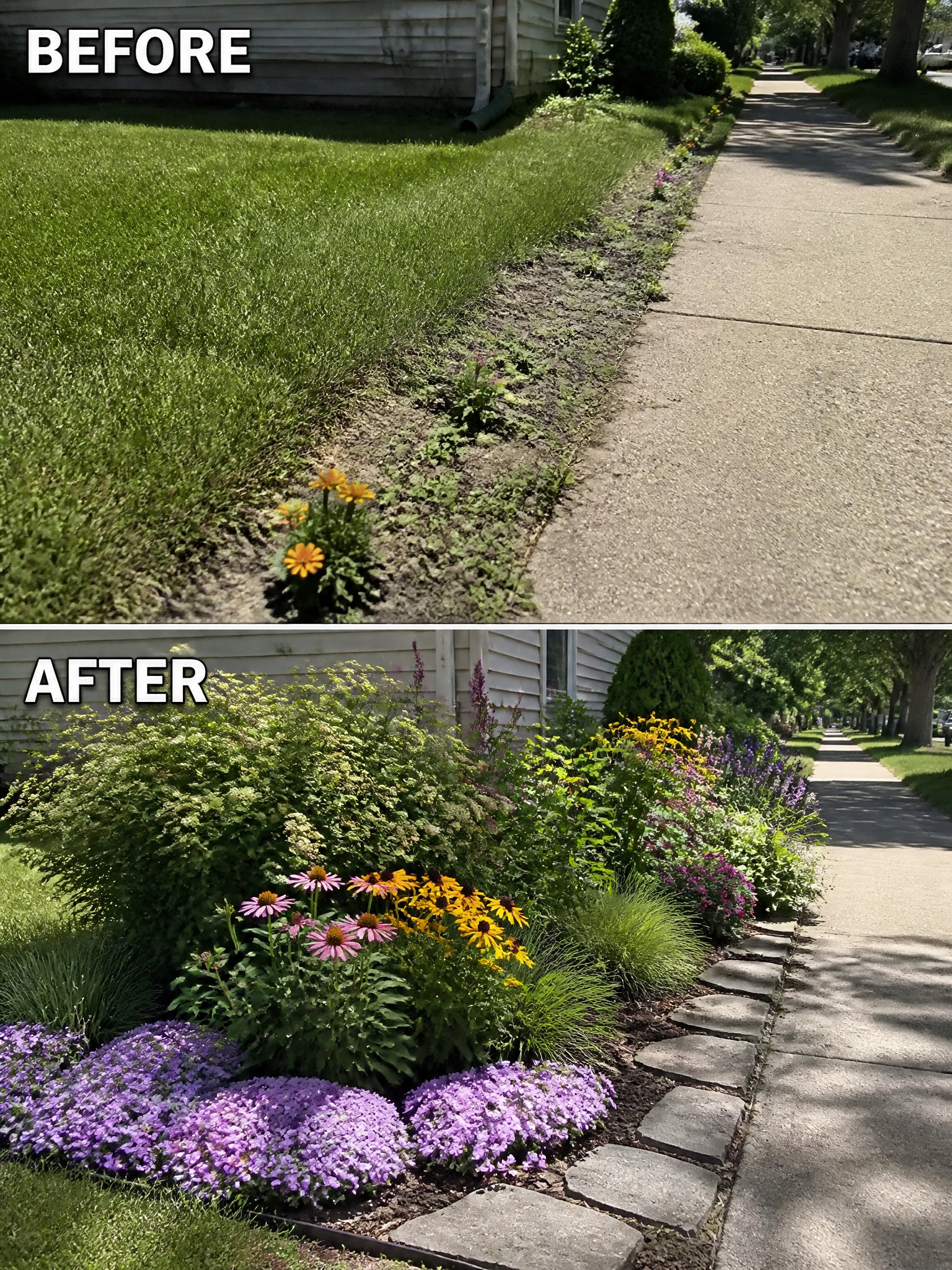 Before-and-after view of sparse lawn strip transformed into colorful flower garden along sidewalk.