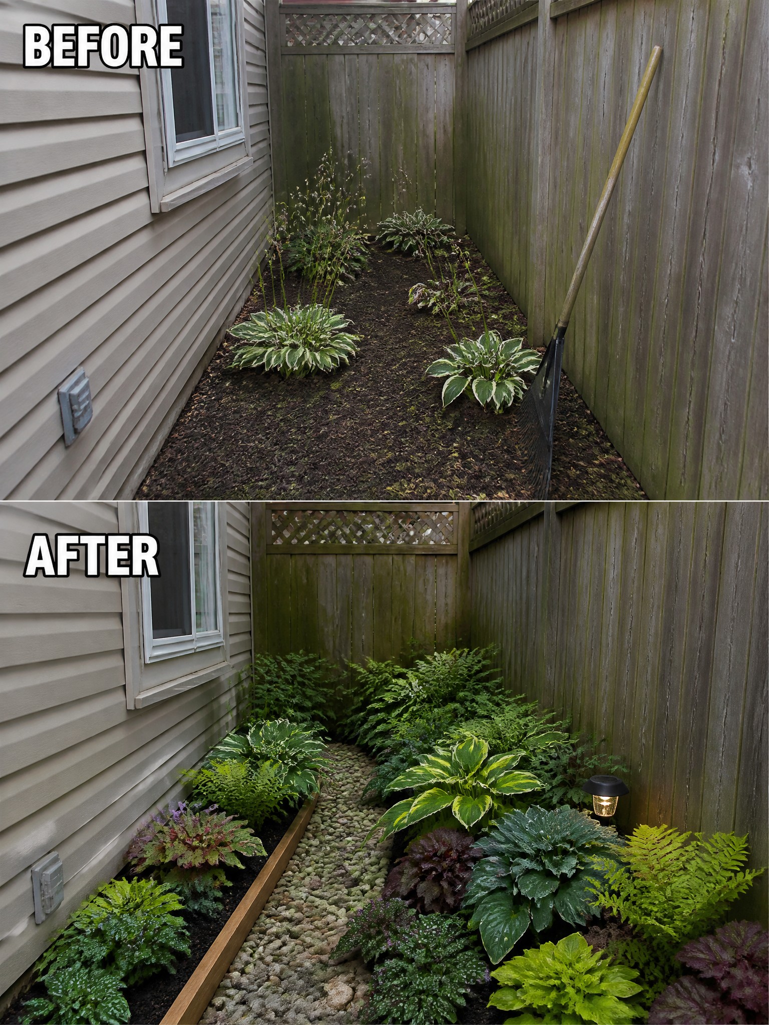 Before and after of narrow garden bed with added plants, path and light.
