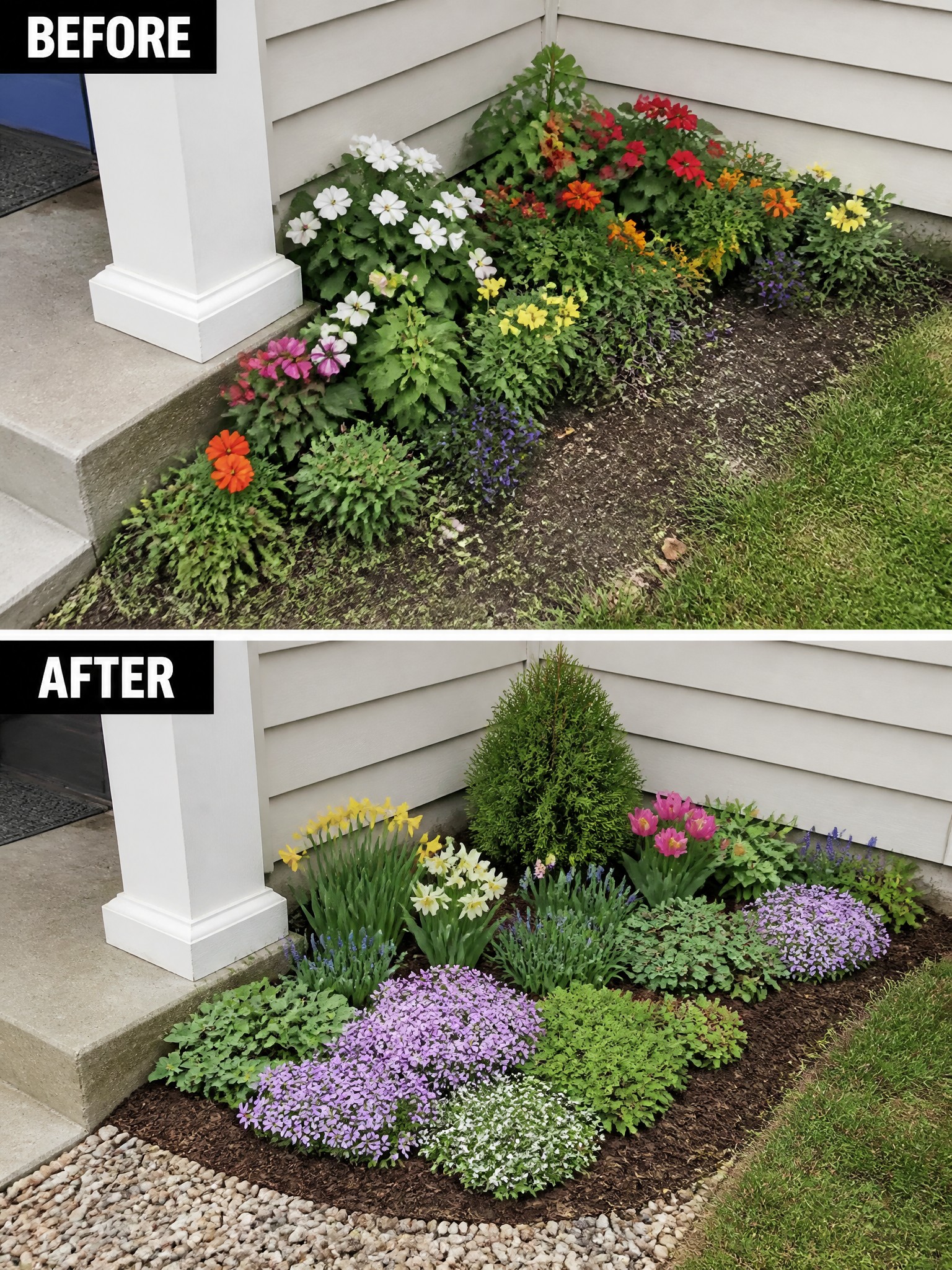 Before and after of overgrown flower bed transformed into neat mulched garden with shrubs