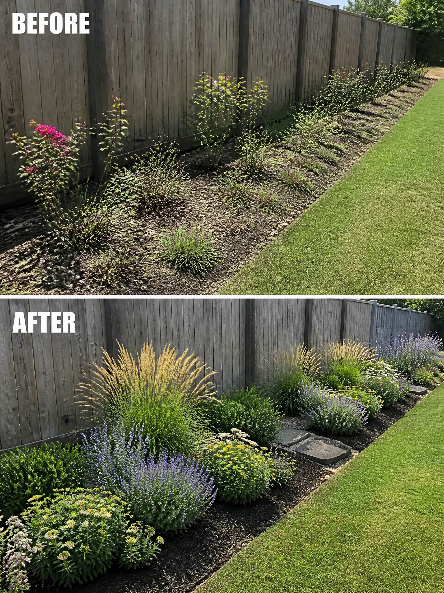 Before and after of weedy garden bed transformed into lush flower border with stones