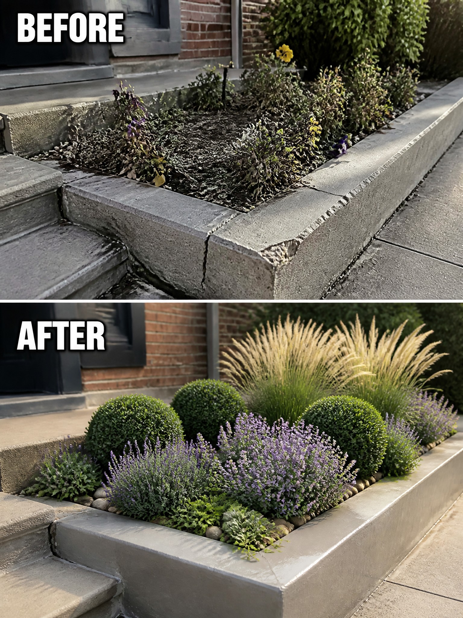 Before and after of weedy concrete planter transformed into neat shrubs and flowers