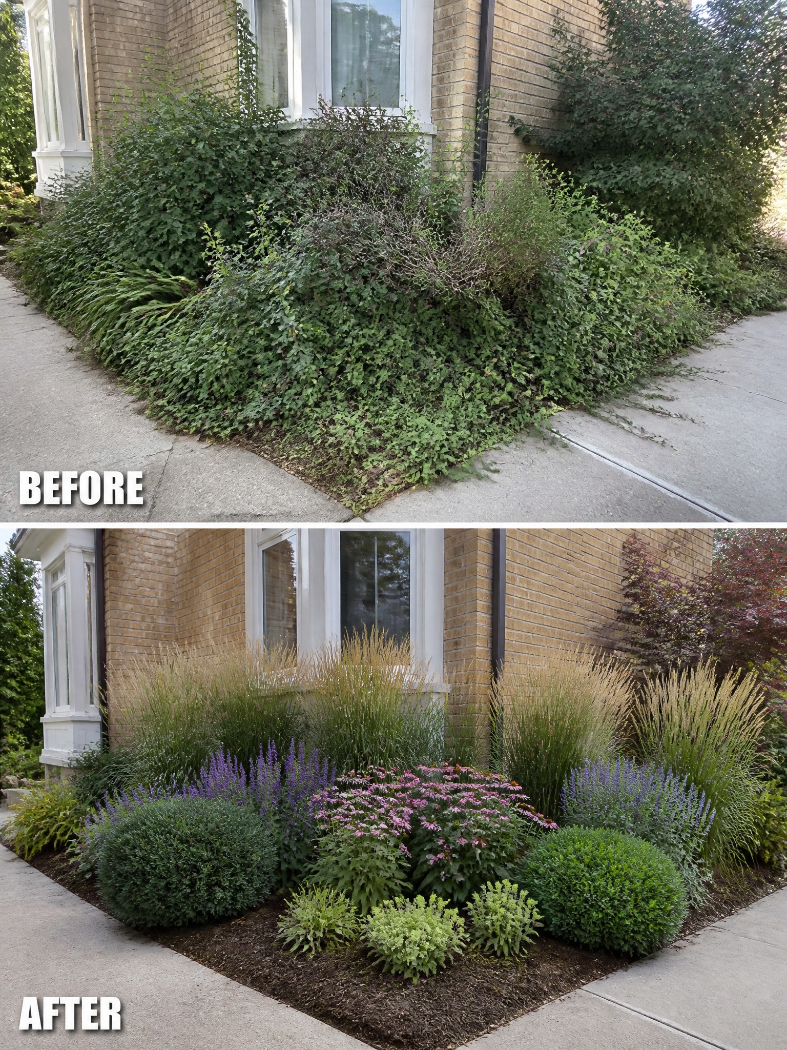 Before-and-after image of an overgrown house foundation bed transformed into a neat mulched garden with layered shrubs, grasses, and flowering perennials.