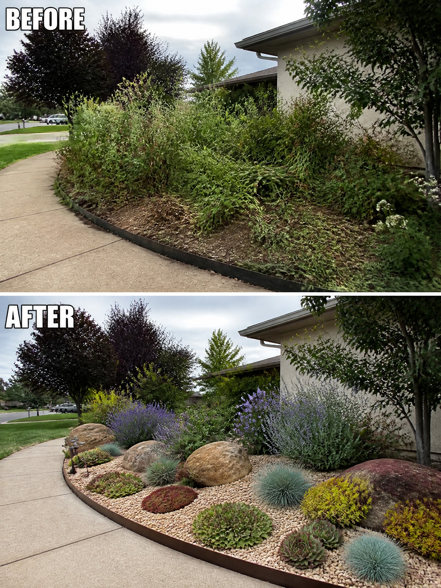 Before-and-after image of an overgrown flower bed along a sidewalk transformed into a clean gravel bed edged with rocks and low-maintenance plants.