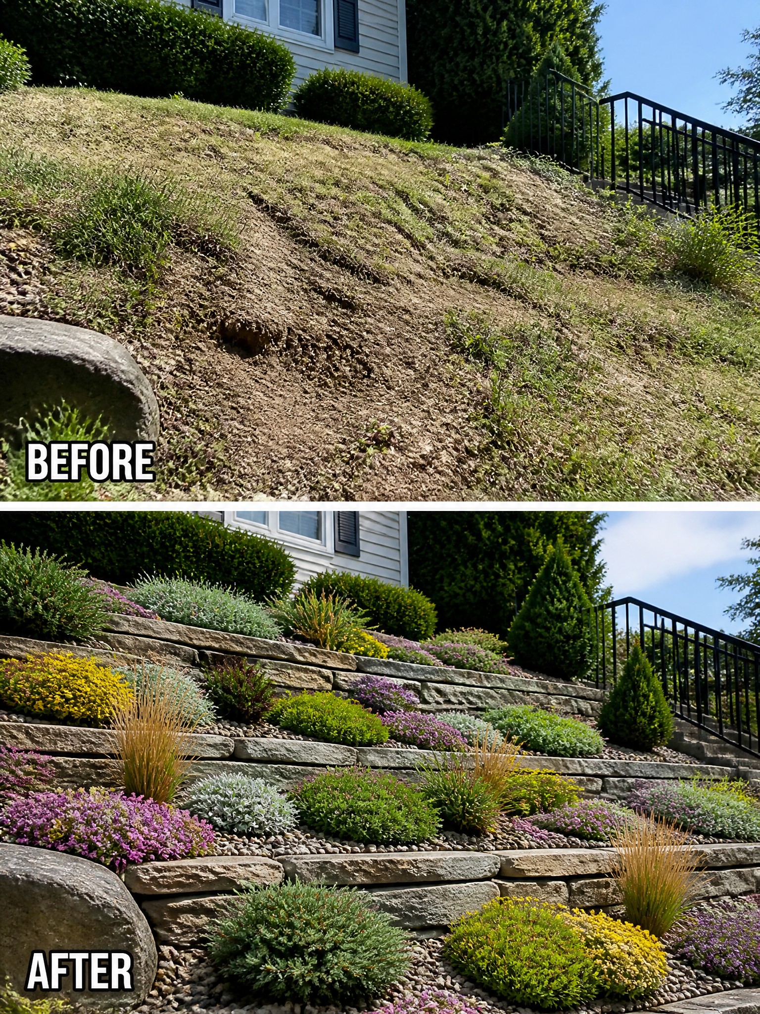 Before-and-after hillside transformed into colorful terraced stone garden with flowers