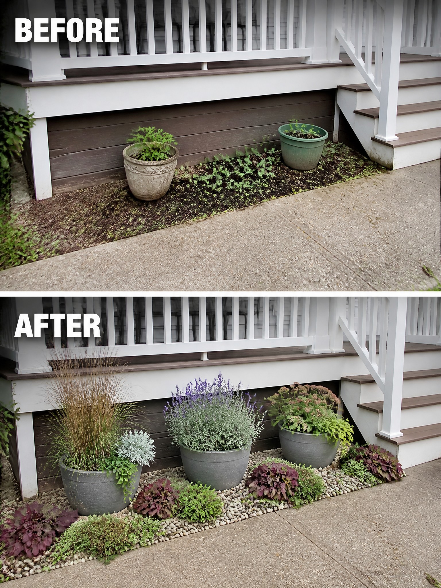 Before-and-after image of a weedy foundation strip under a porch changed into a defined bed with gravel edging, layered plants, and several large containers.