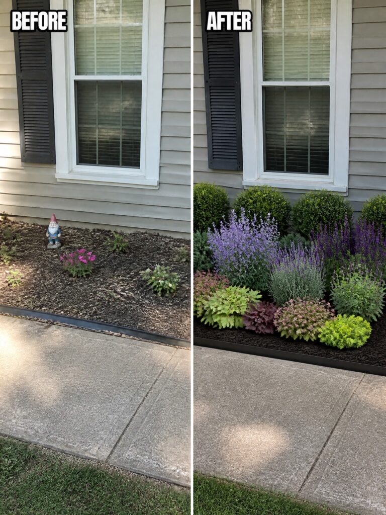 18 Low Maintenance Flower Bed Transformation Ideas That Still Look Full Before and after of a garden bed under window, sparse then lush with shrubs and flowers
