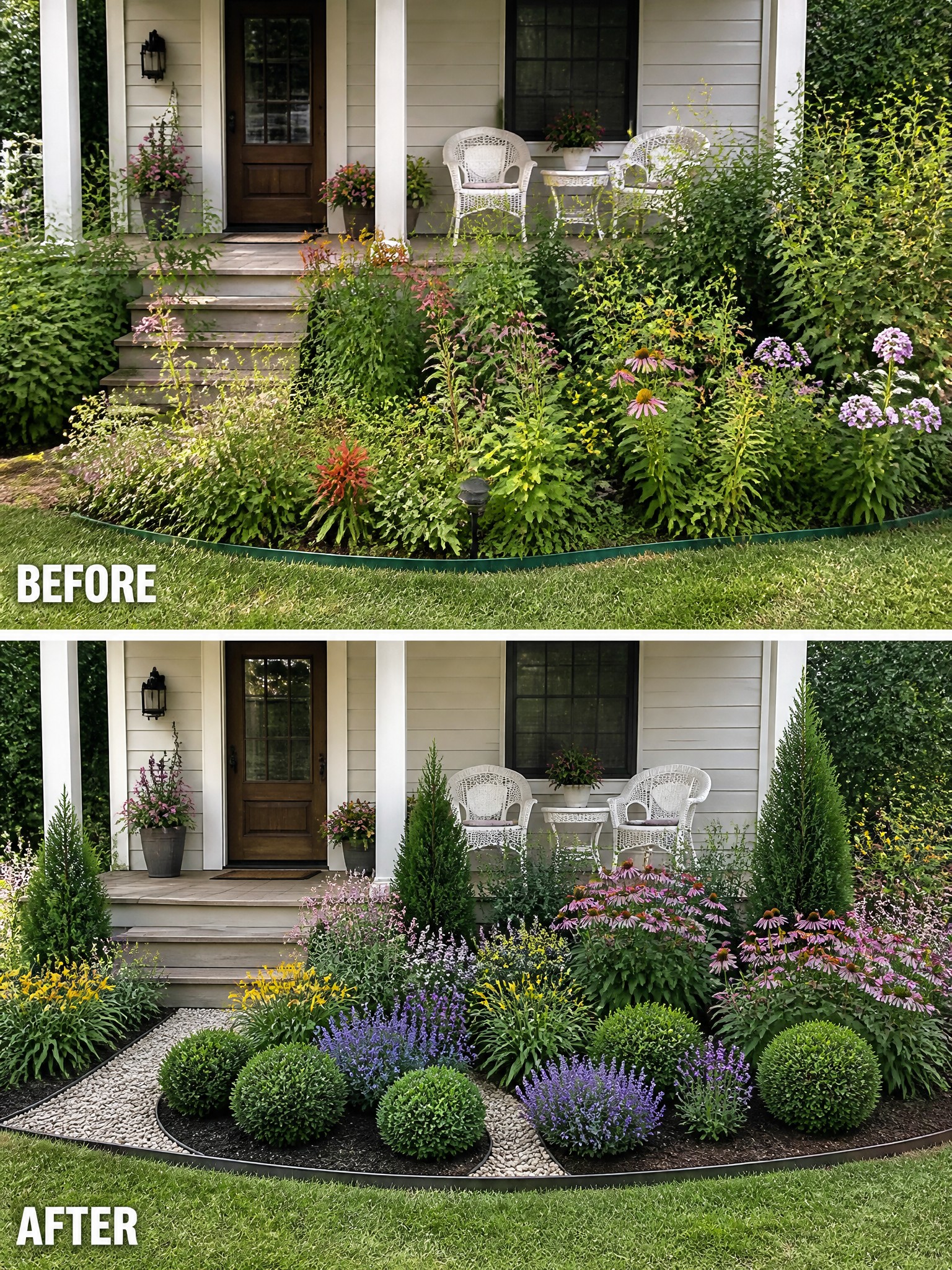 Before-and-after image of an overgrown front flower bed changed into neat garden beds with defined edging, gravel borders, and structured planting.