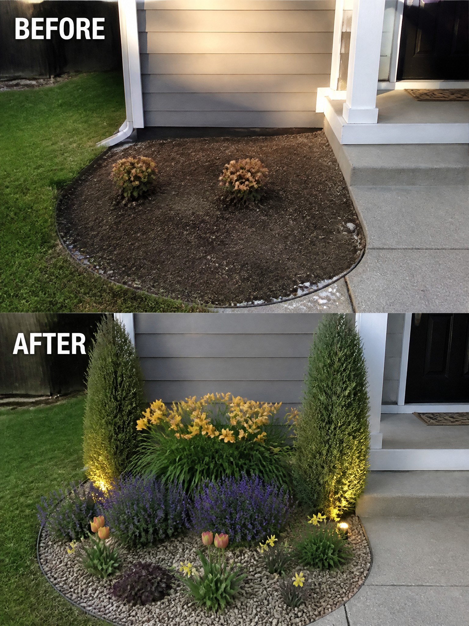 Before and after of front yard garden bed with colorful flowers and shrubs.