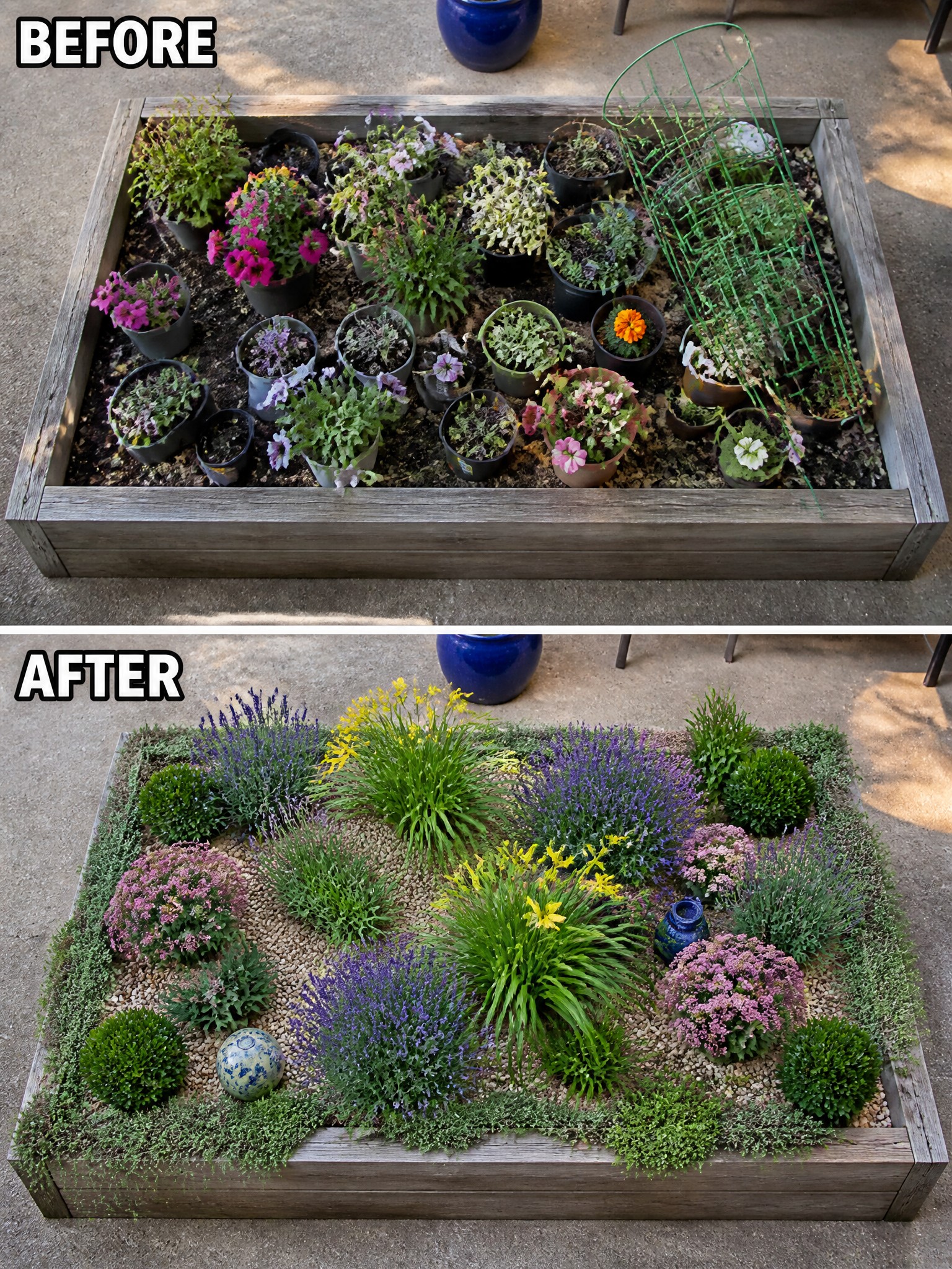 Before and after of a messy potted plant box turned into a neat blooming garden bed.