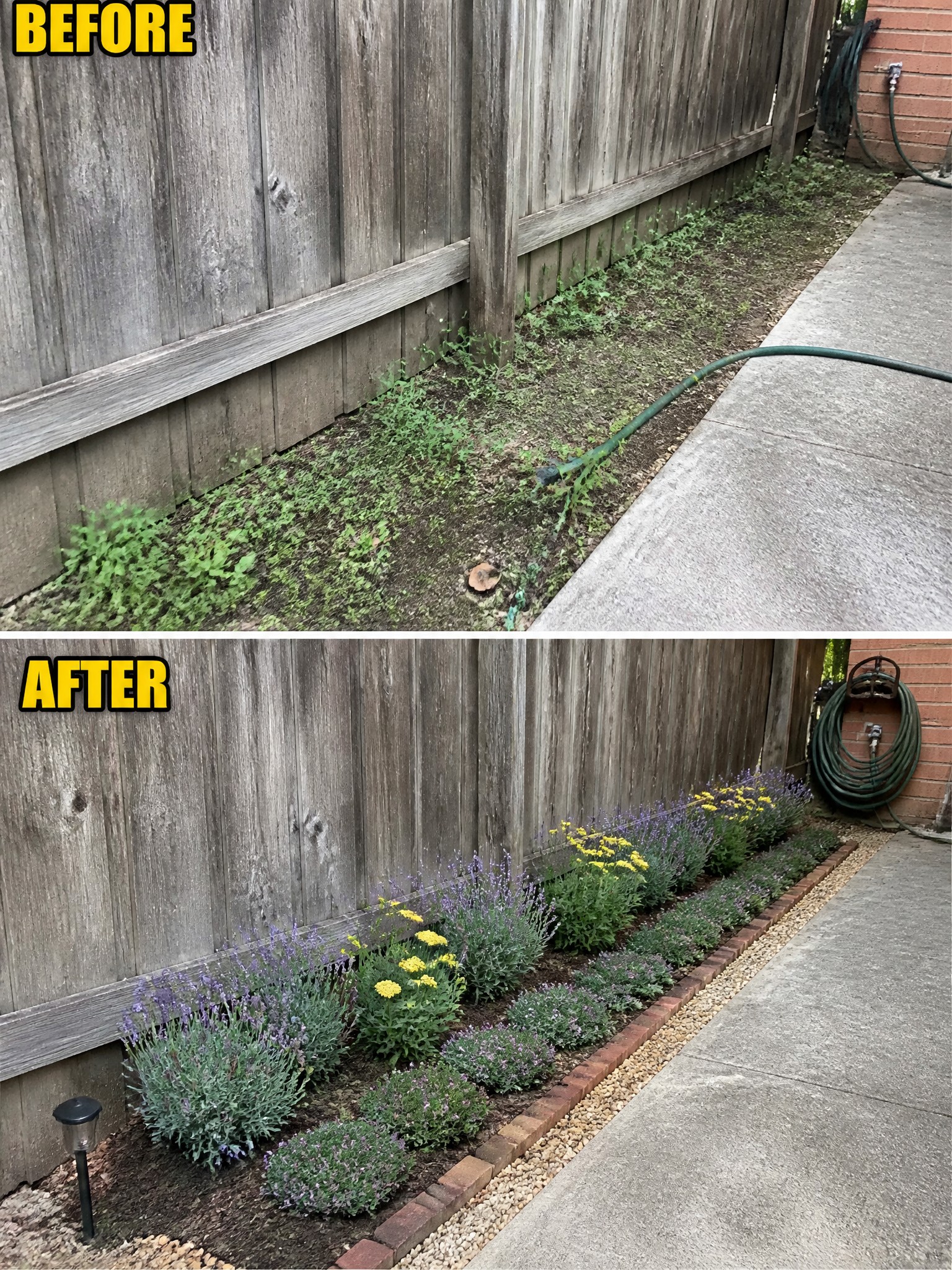 Before and after of weedy garden bed transformed into blooming flower border along fence.