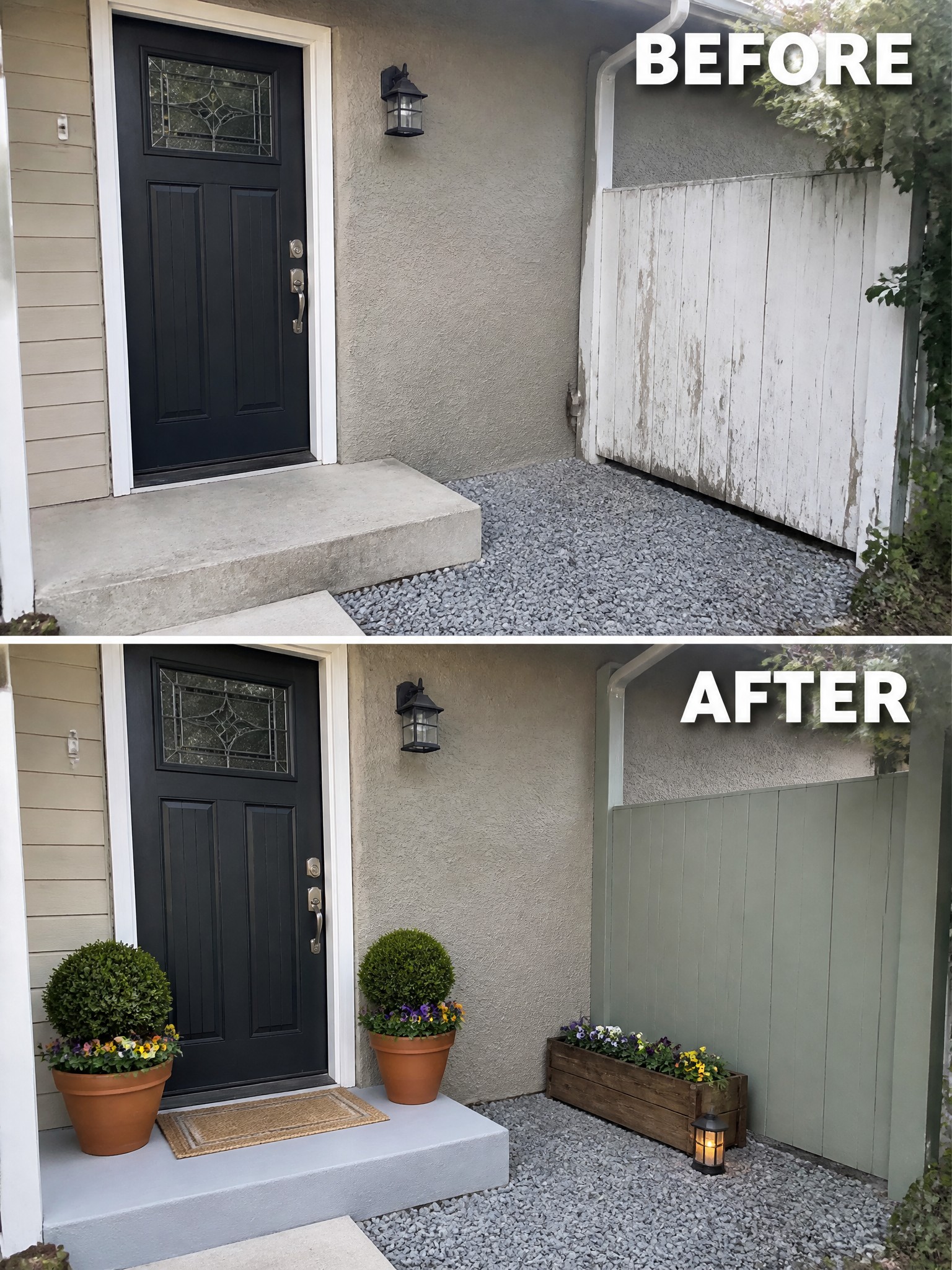 Before and after house entrance with black door, plants, green fence and gravel path