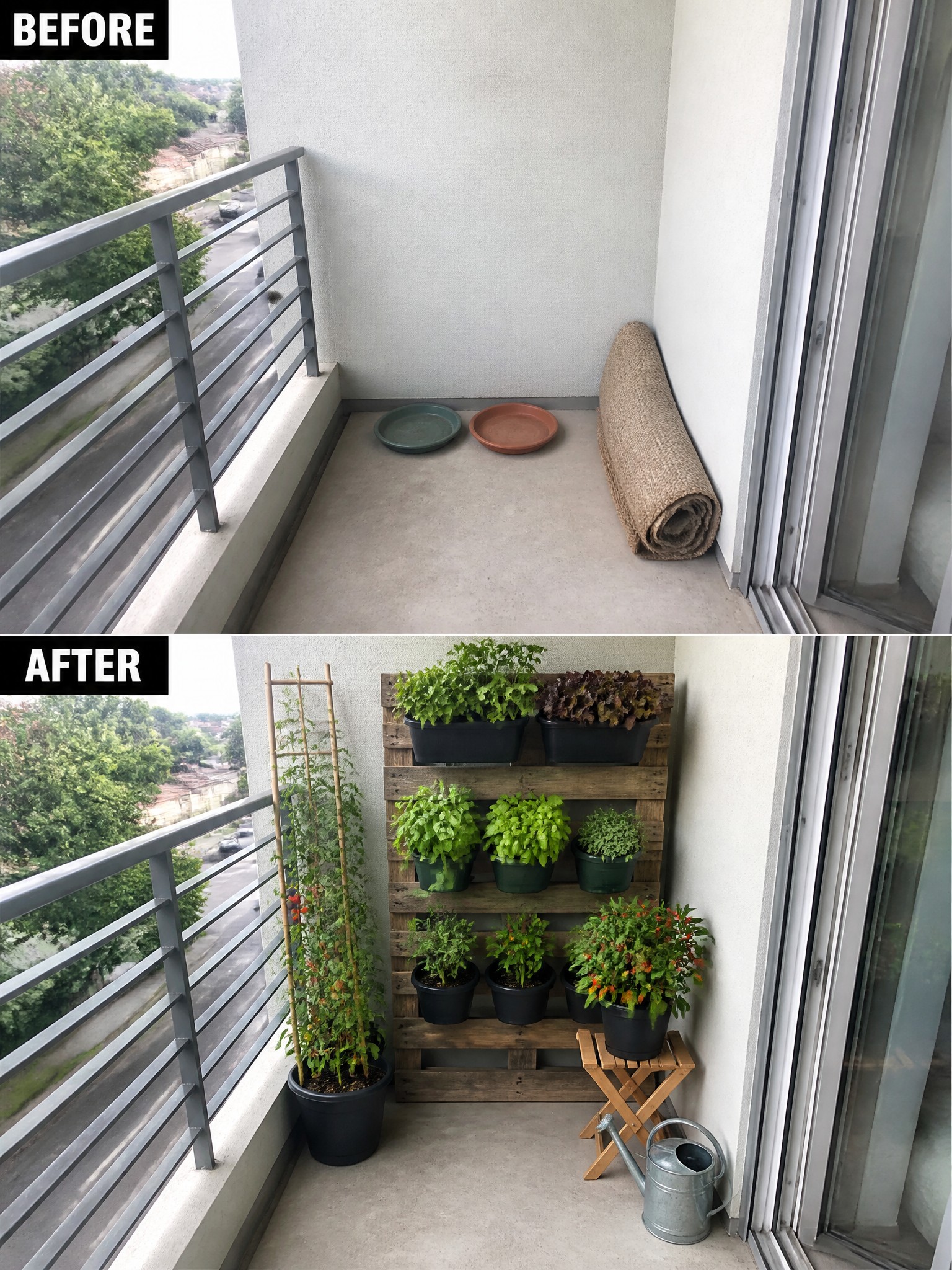 Before empty balcony with saucers and mat, after with pallet garden and tomato plant