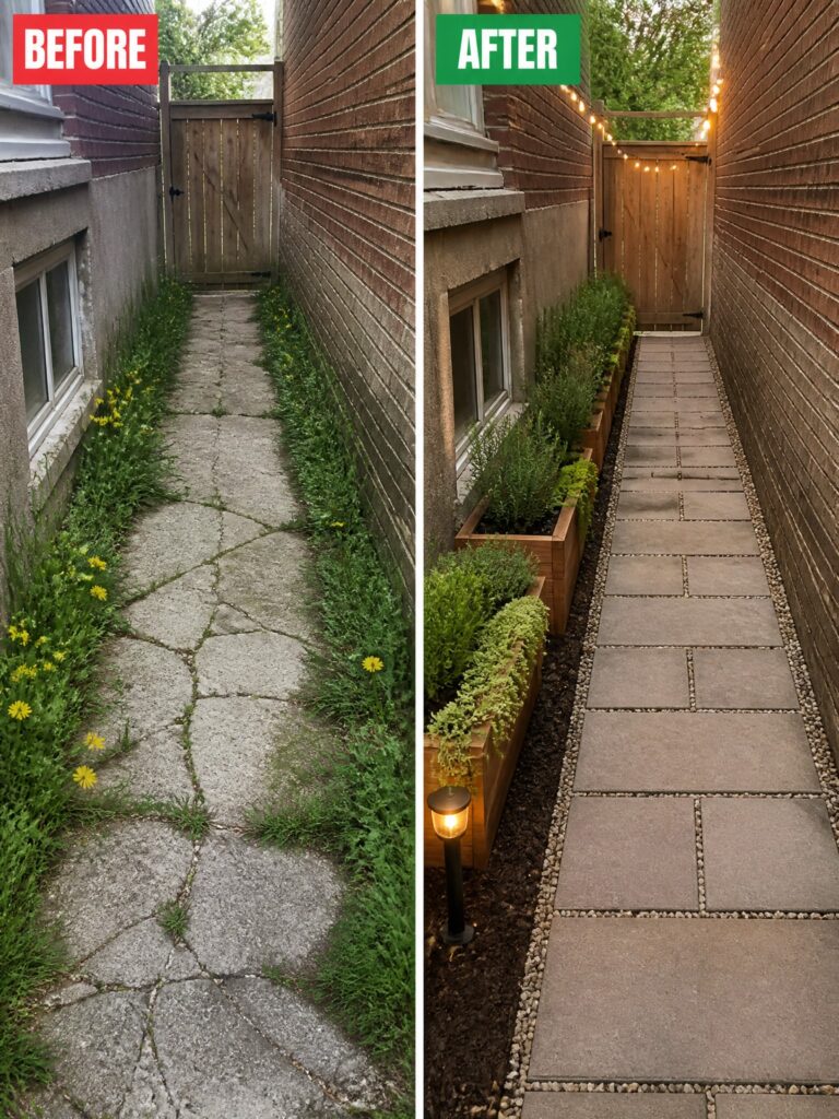 Before-and-after of weedy cracked path transformed into lit stone walkway with planters.