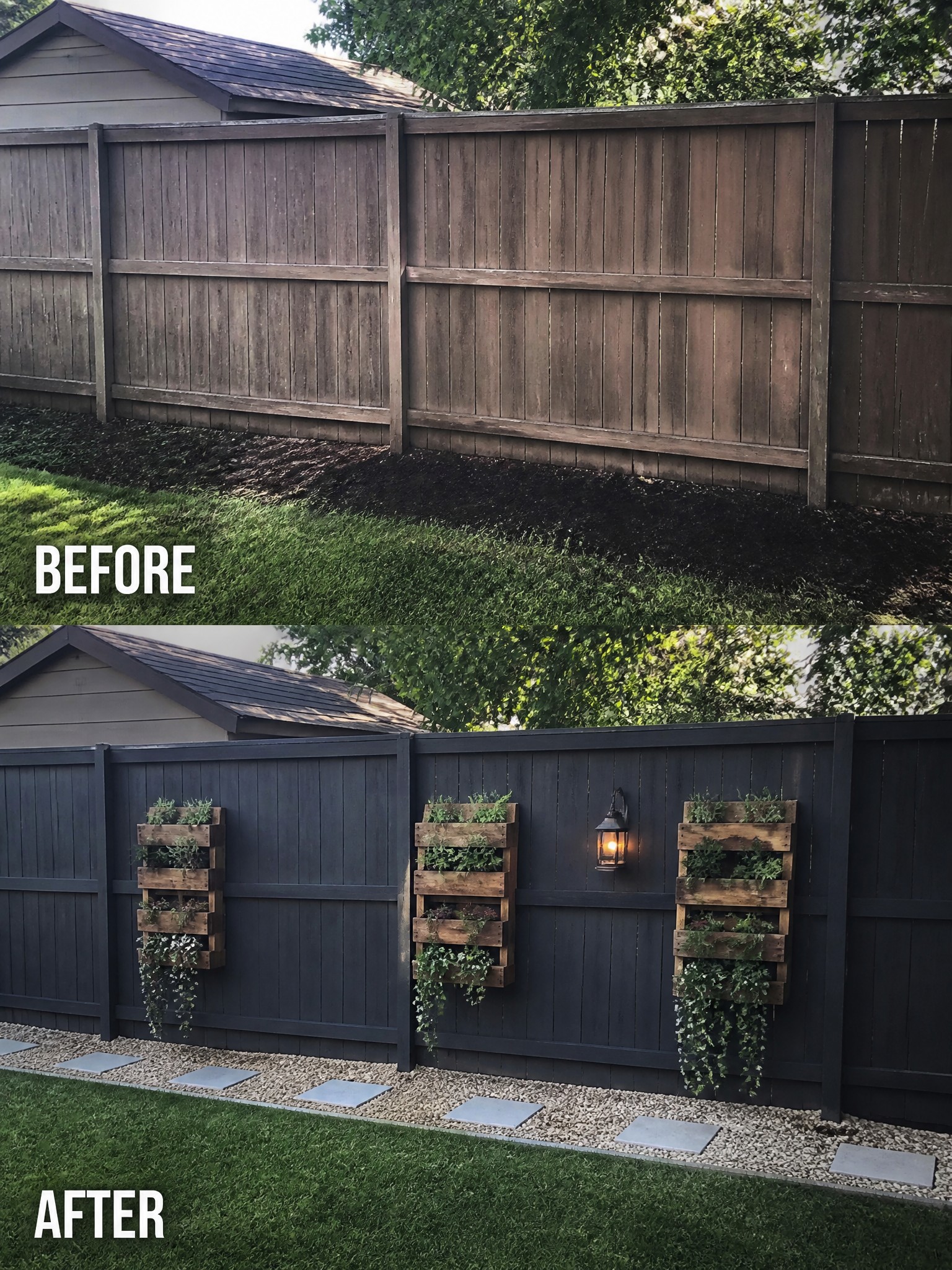 Before and after of fence painted dark with plant boxes, light, and gravel.