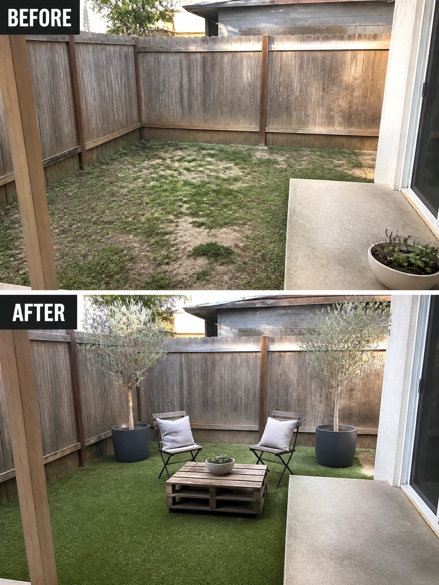 Before and after backyard: patchy grass to artificial turf with trees, chairs, and table