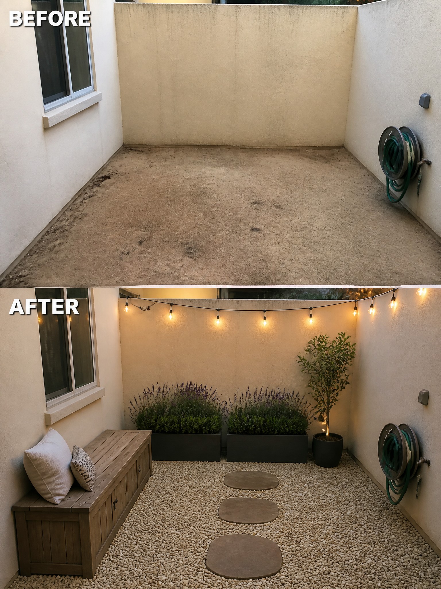 Before-and-after image of a plain concrete courtyard transformed with gravel, stepping stones, string lights, planters, and a wooden bench.