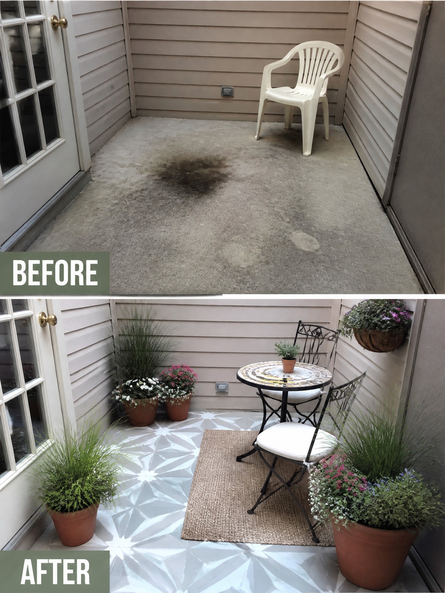 Before-and-after image of a plain concrete patio transformed into a furnished outdoor seating area with patterned flooring, a small table and chairs, a rug, and multiple potted plants.