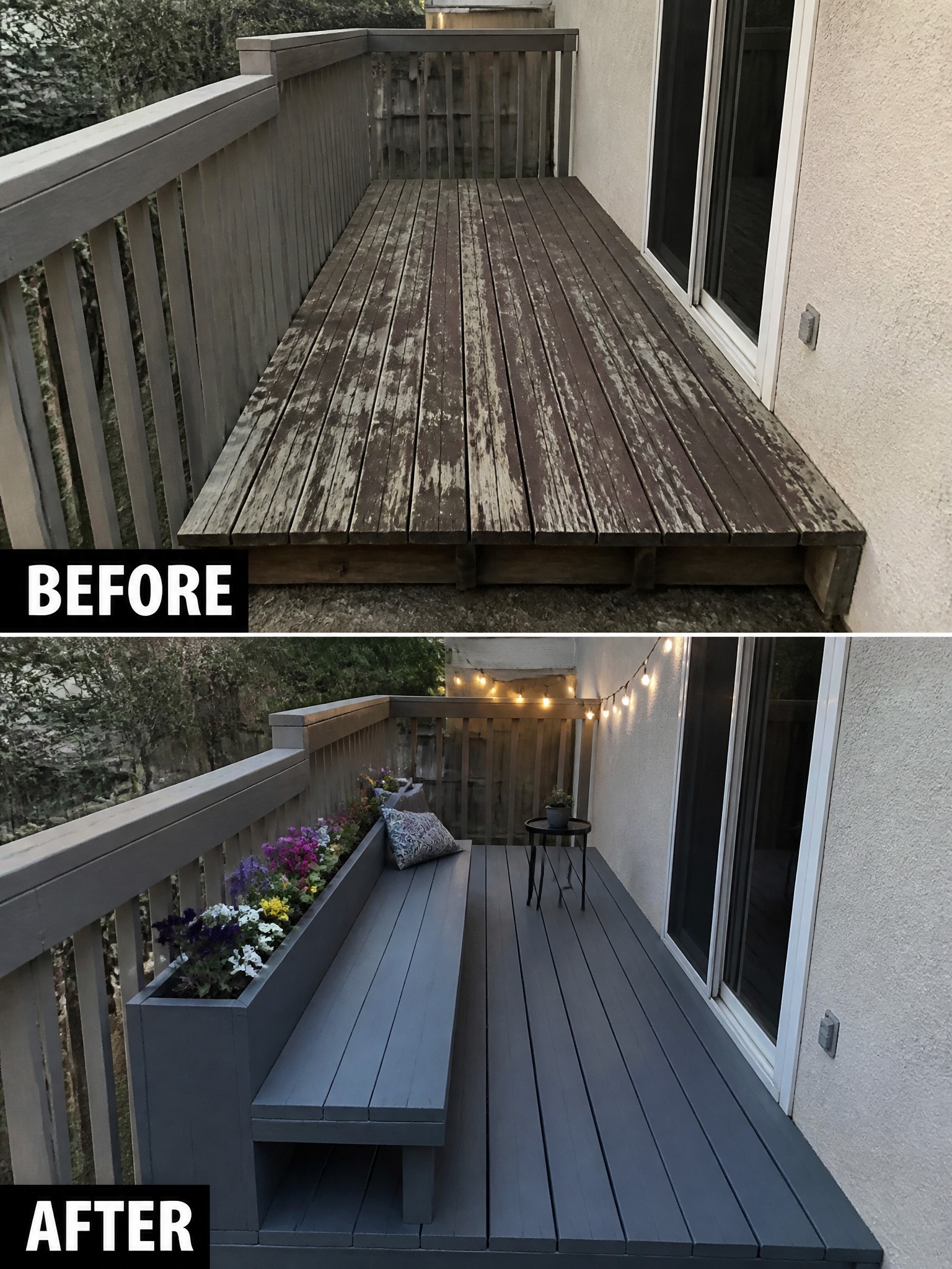 Before weathered deck and after dark-stained version with bench, flowers, and lights.