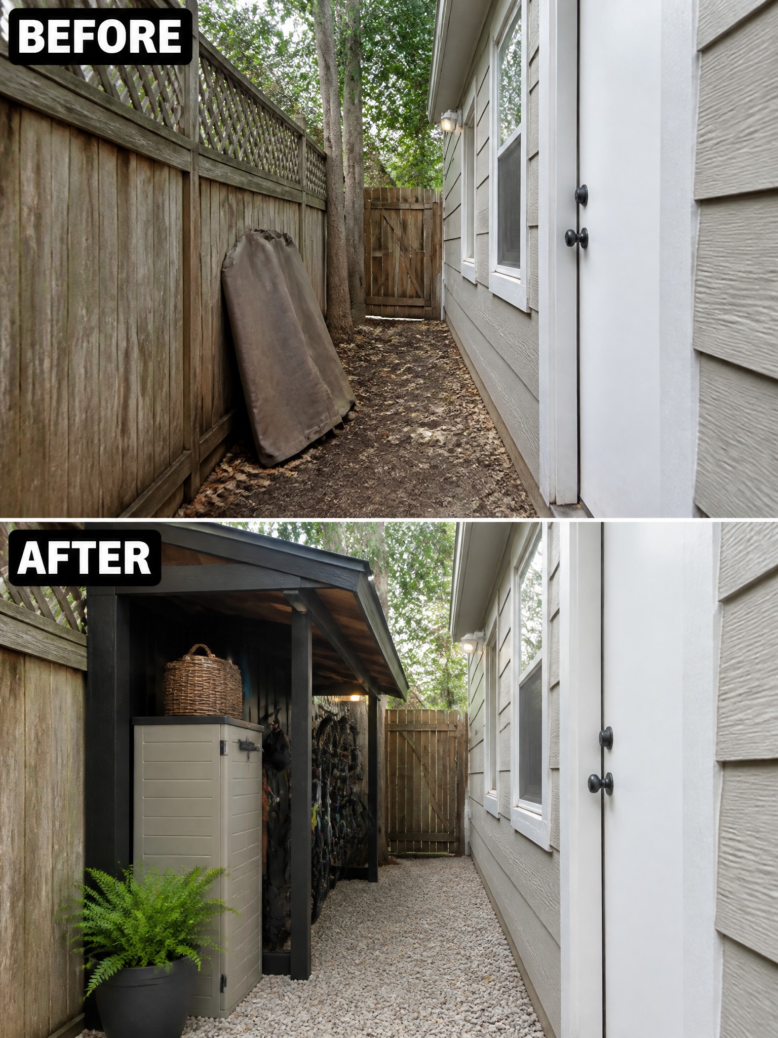 Before and after of messy dirt path transformed into tidy gravel storage area with shed.