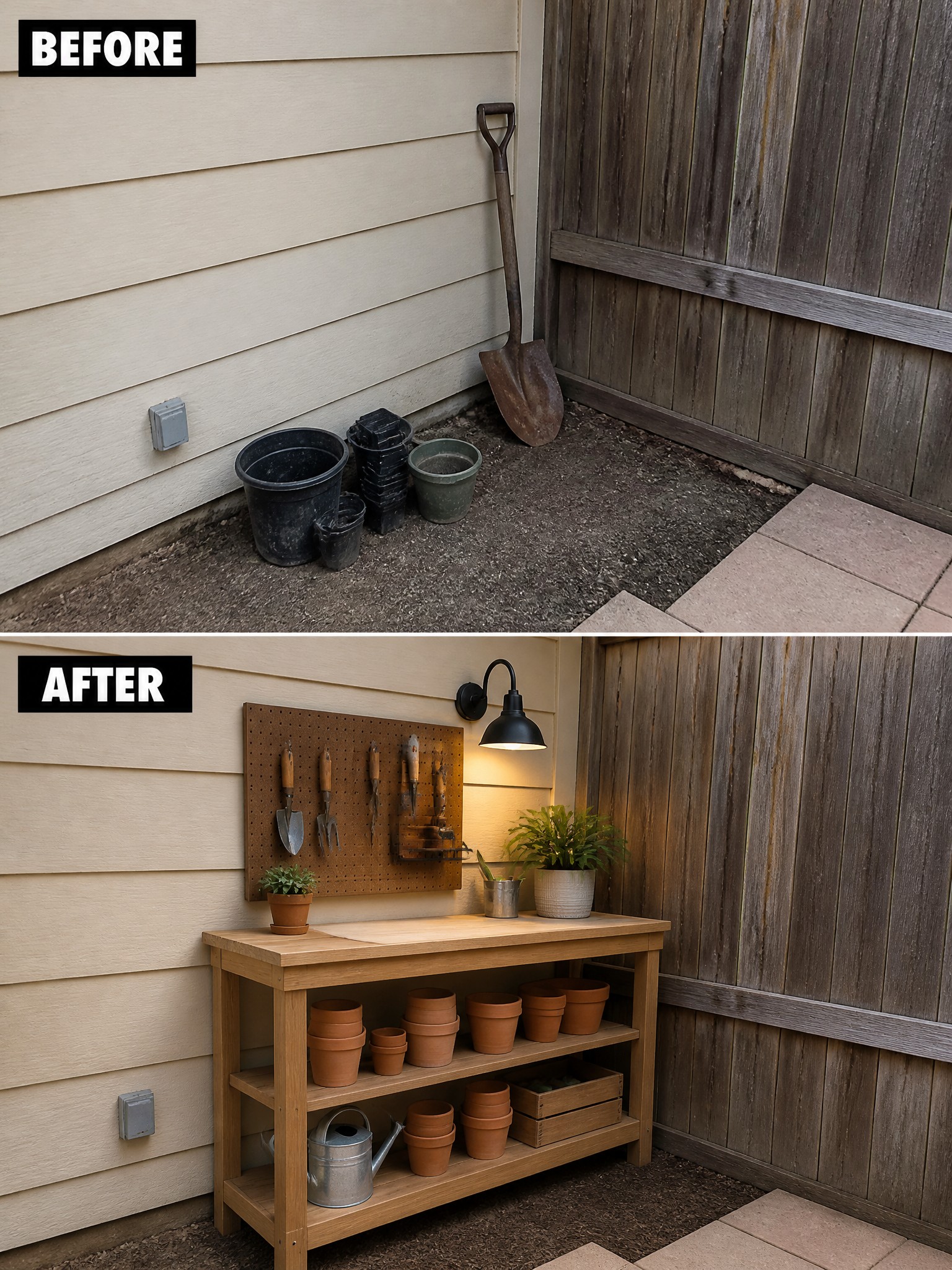 Before-and-after image of a cluttered side yard with scattered pots and a shovel changed into an organized gardening area with a wooden potting bench, pegboard, and wall light.