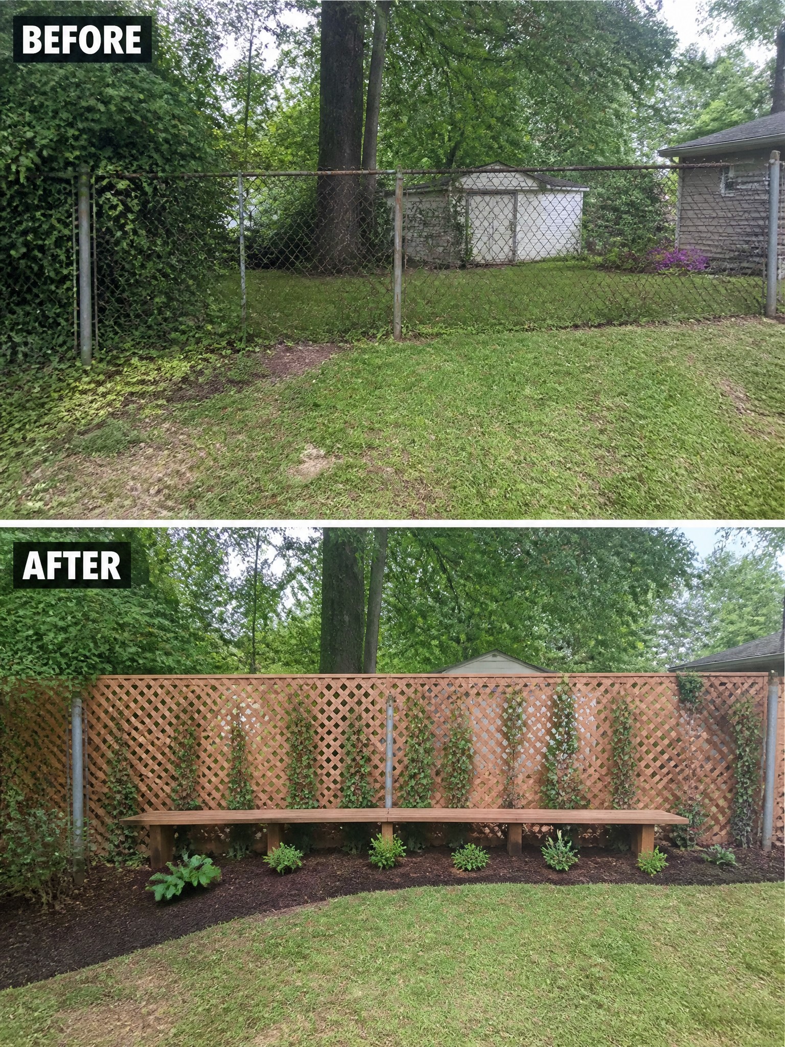 Before-and-after image of a chain-link fence side yard changed into a private seating area with wooden lattice fencing and a bench.