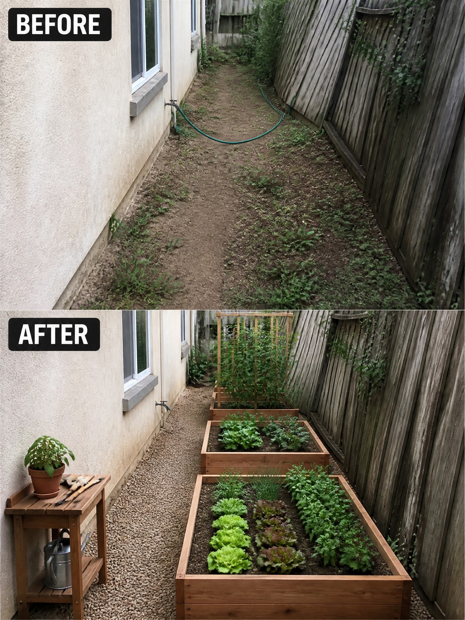Before and after of narrow yard transformed into raised wooden vegetable garden beds with gravel.