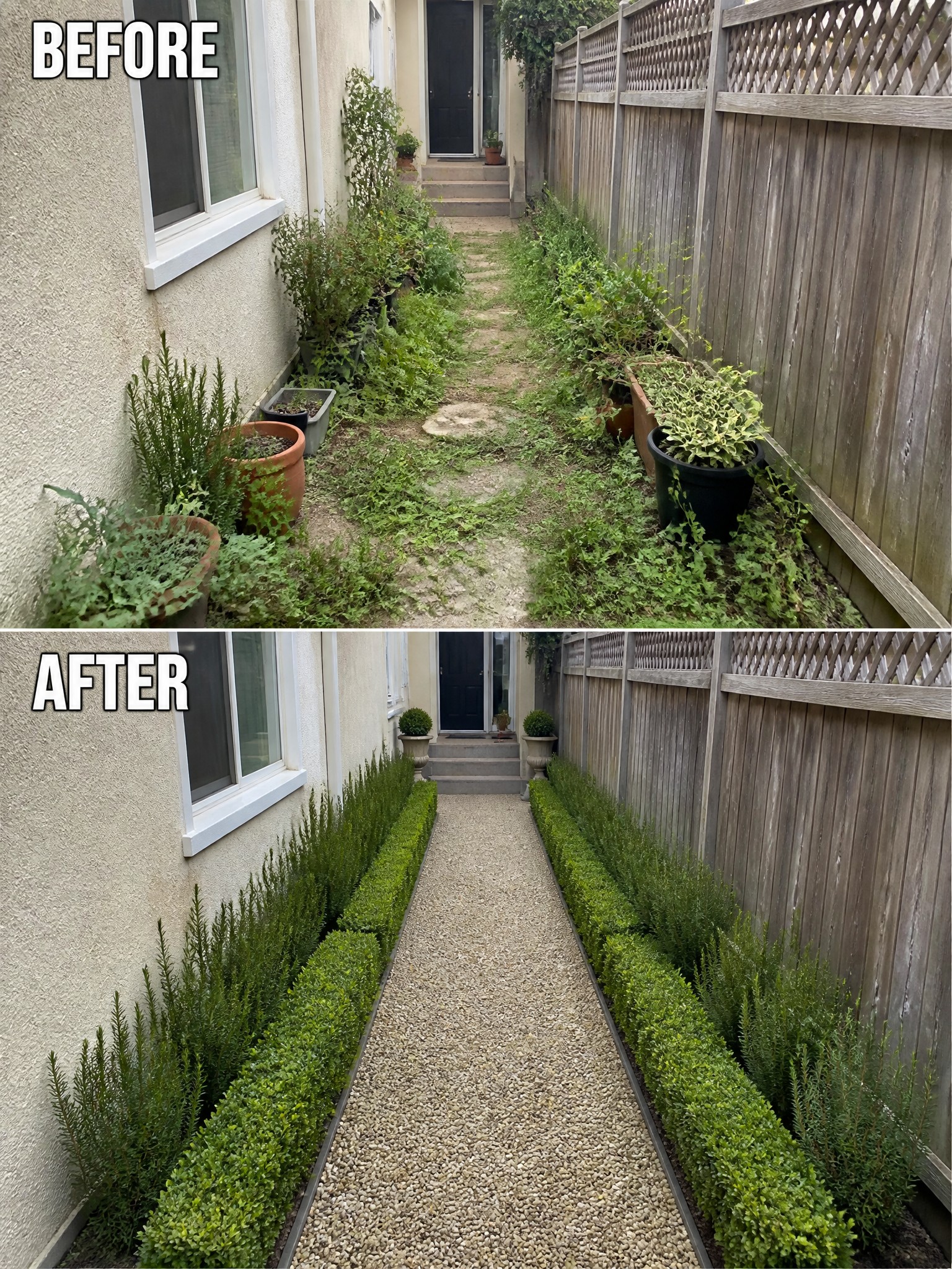 Before-and-after image of an overgrown side yard path changed into a clean gravel walkway lined with trimmed hedges and rosemary.