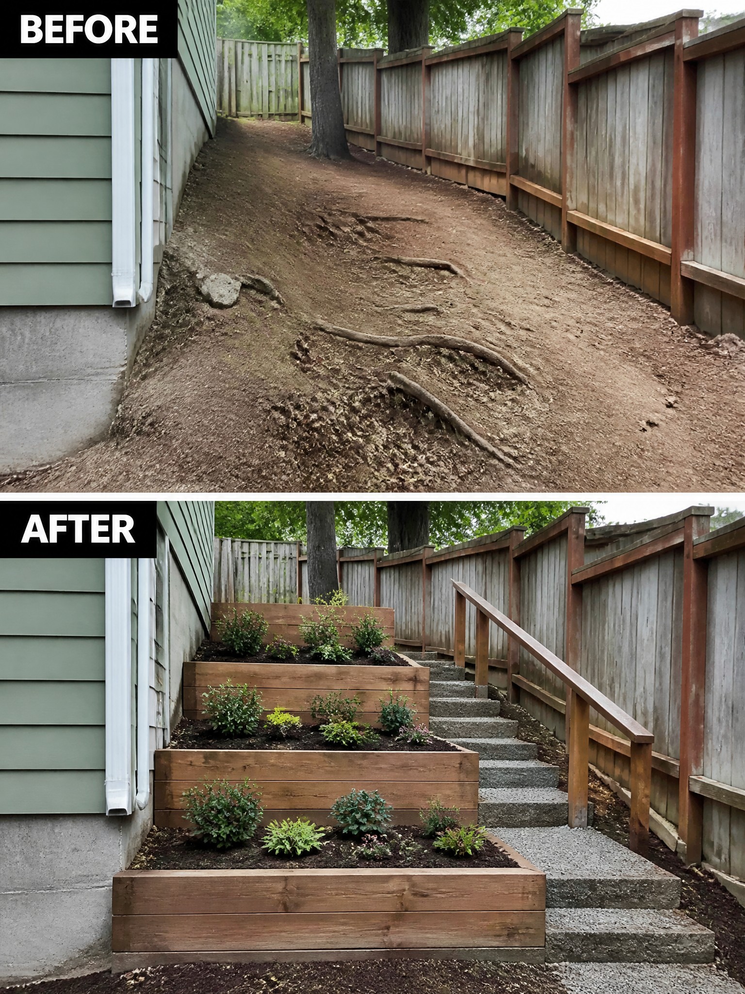 Before muddy path and after tiered wooden stairs with planted boxes