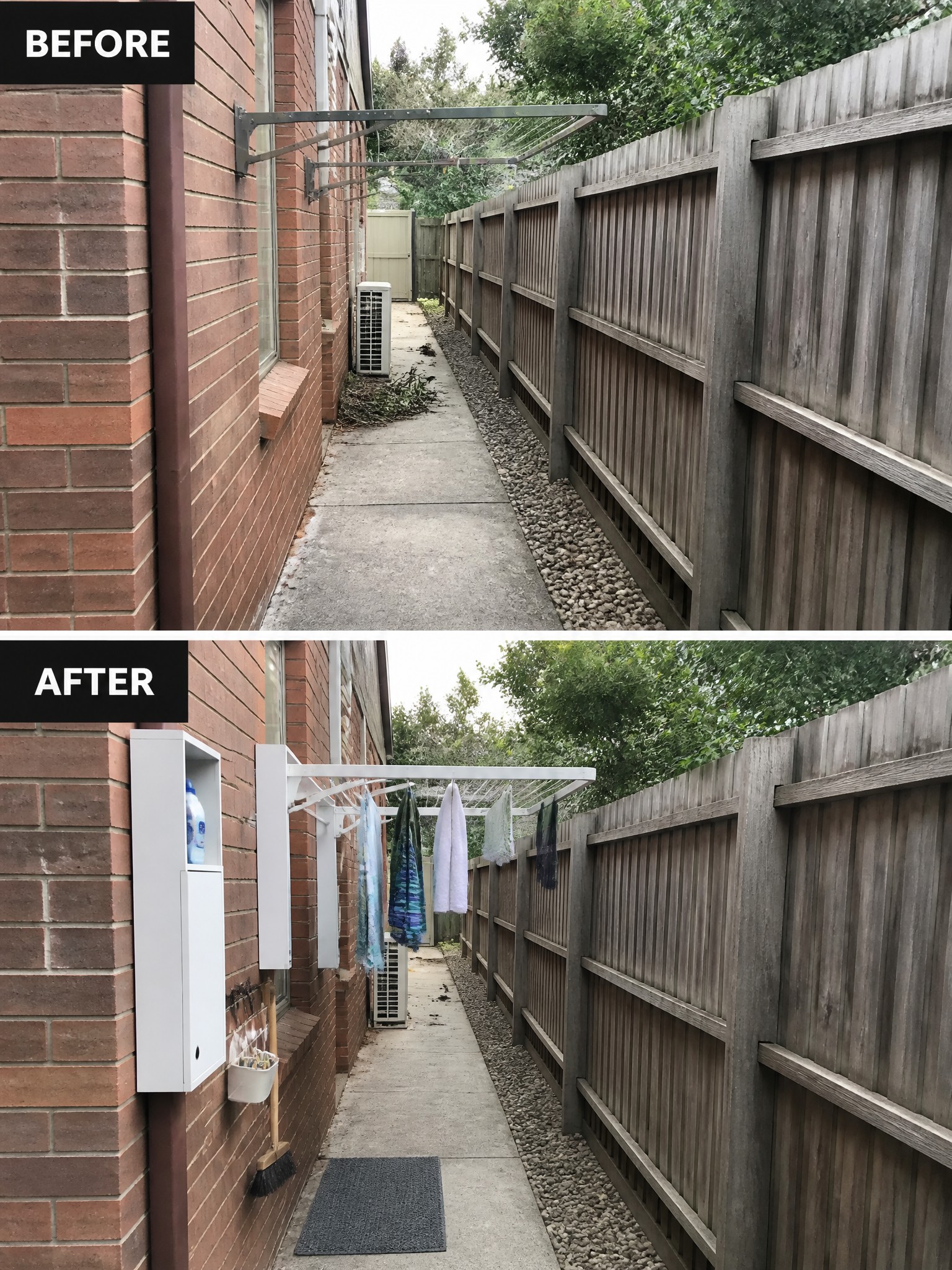 Before-and-after image of a narrow side yard showing added wall-mounted storage cabinet and organized accessories along the brick wall.