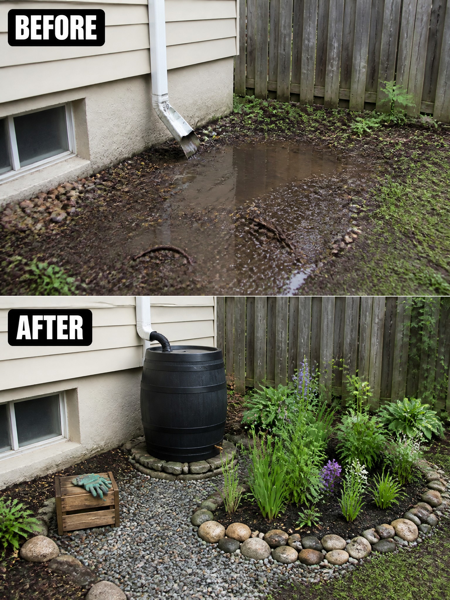 Before muddy flooded yard, after black rain barrel in landscaped garden with plants.