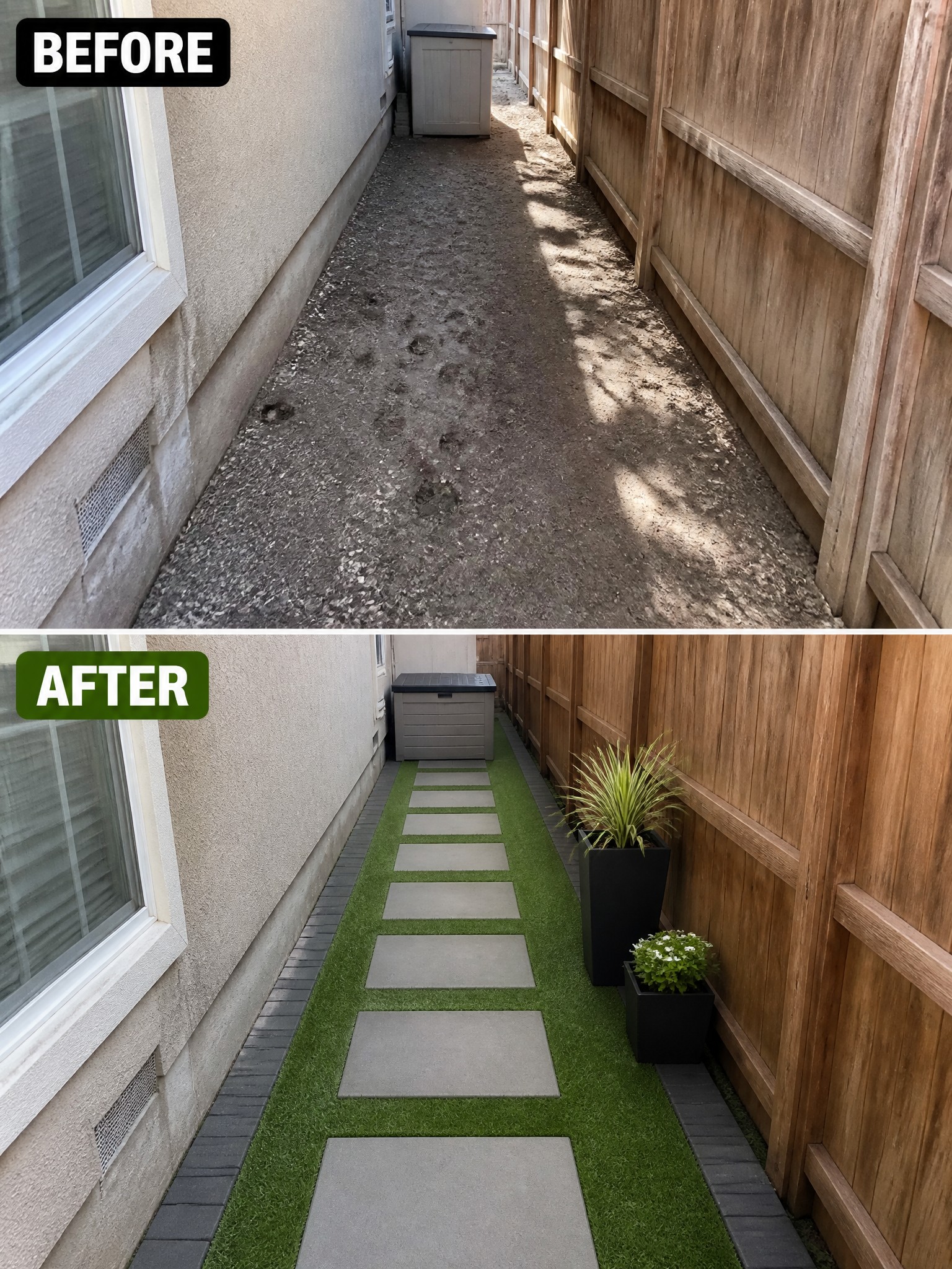 Before-and-after image of a narrow side yard changed from bare dirt into a walkway lined with artificial turf and concrete pavers.