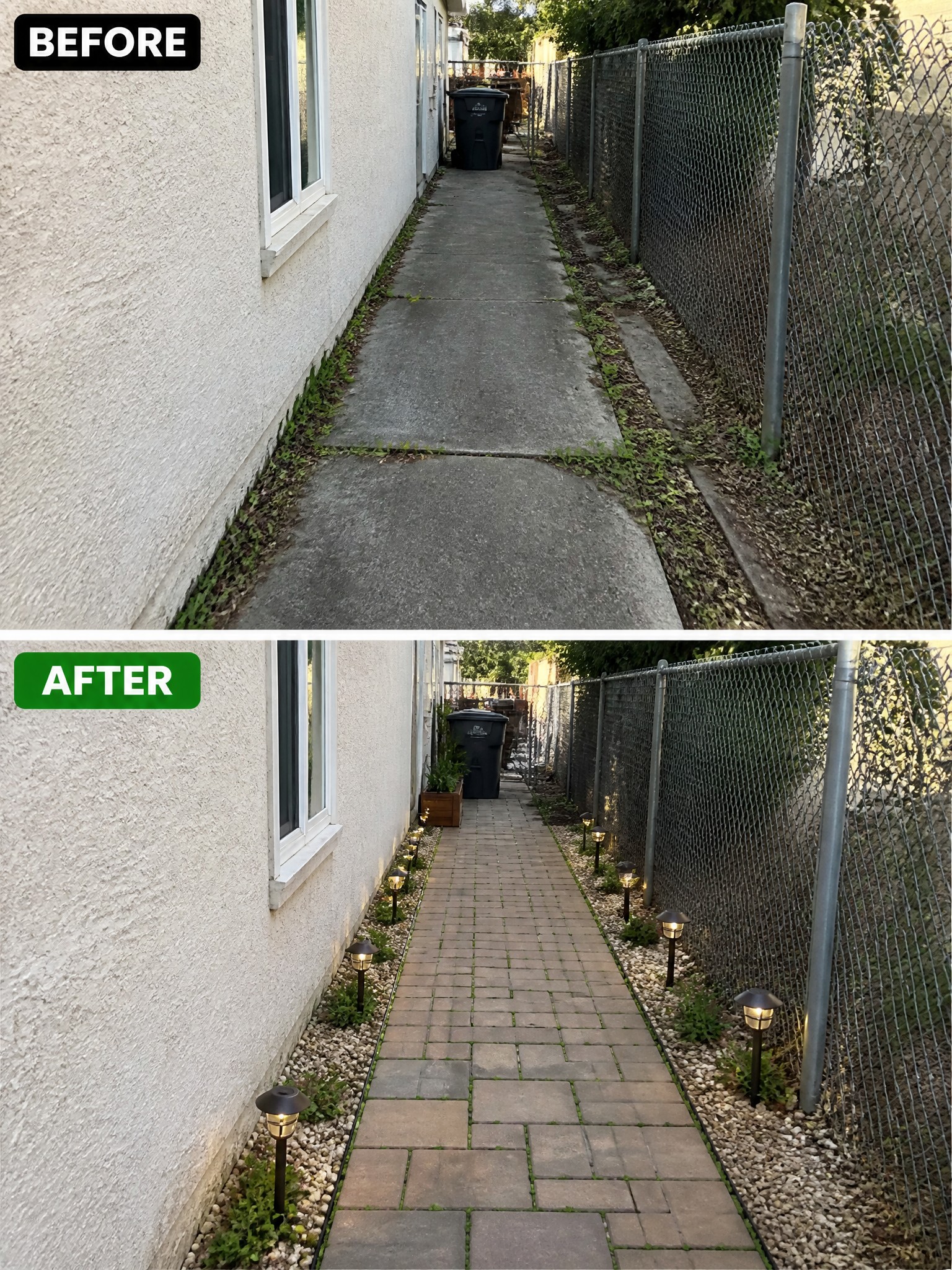 Before-and-after image of a concrete side yard path changed to brick pavers with gravel borders and solar lights.