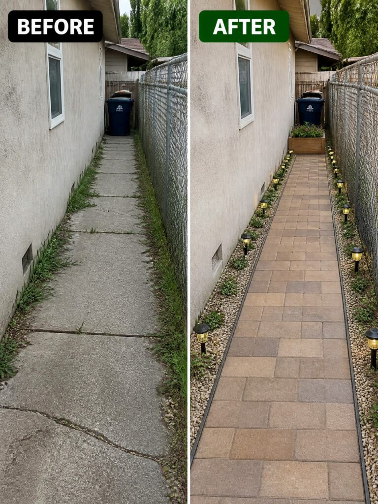 Before-and-after image of a concrete side yard path changed to brick pavers with gravel borders and solar lights.