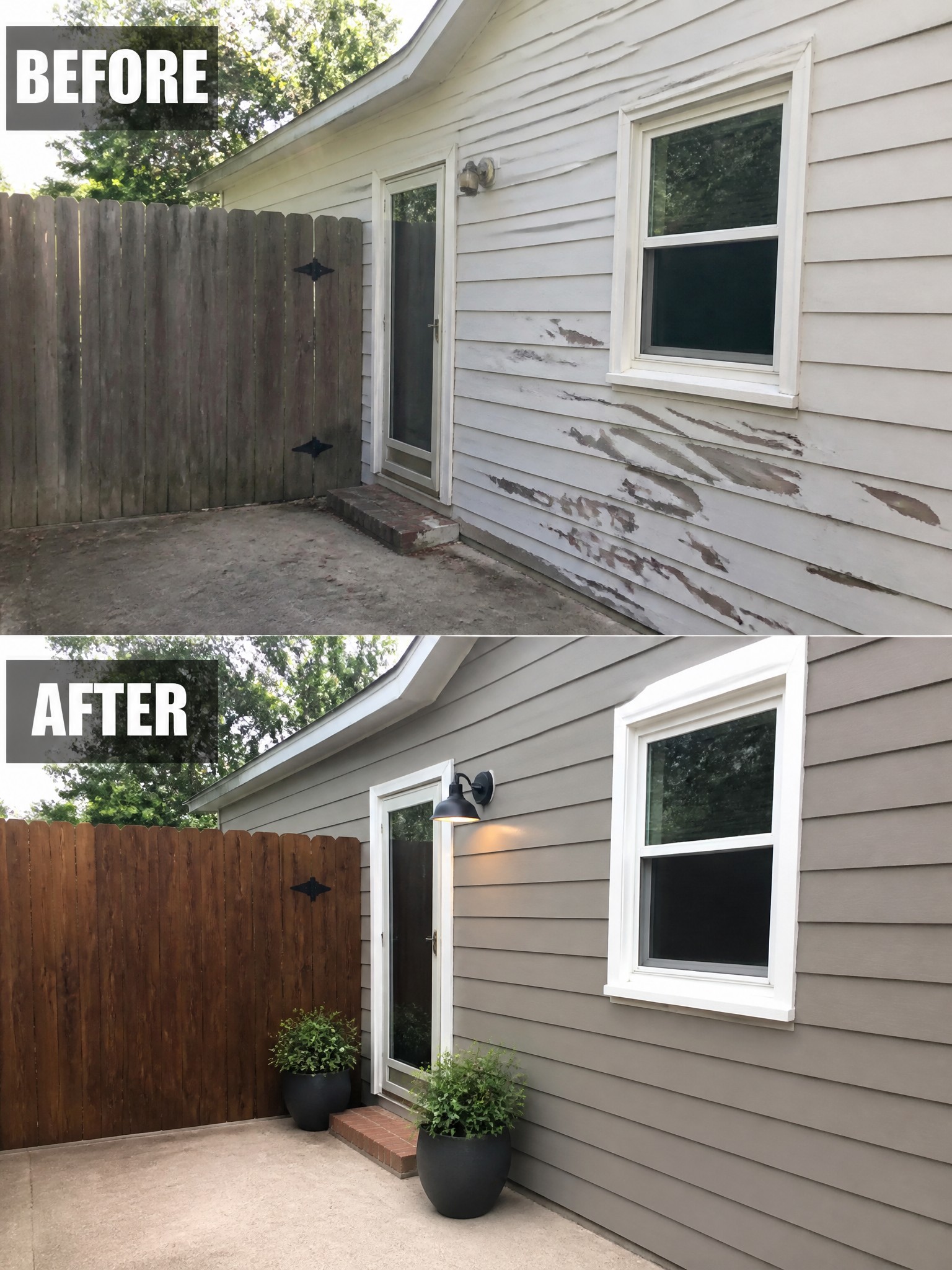 Before and after of house repainted gray with new plants and stained fence