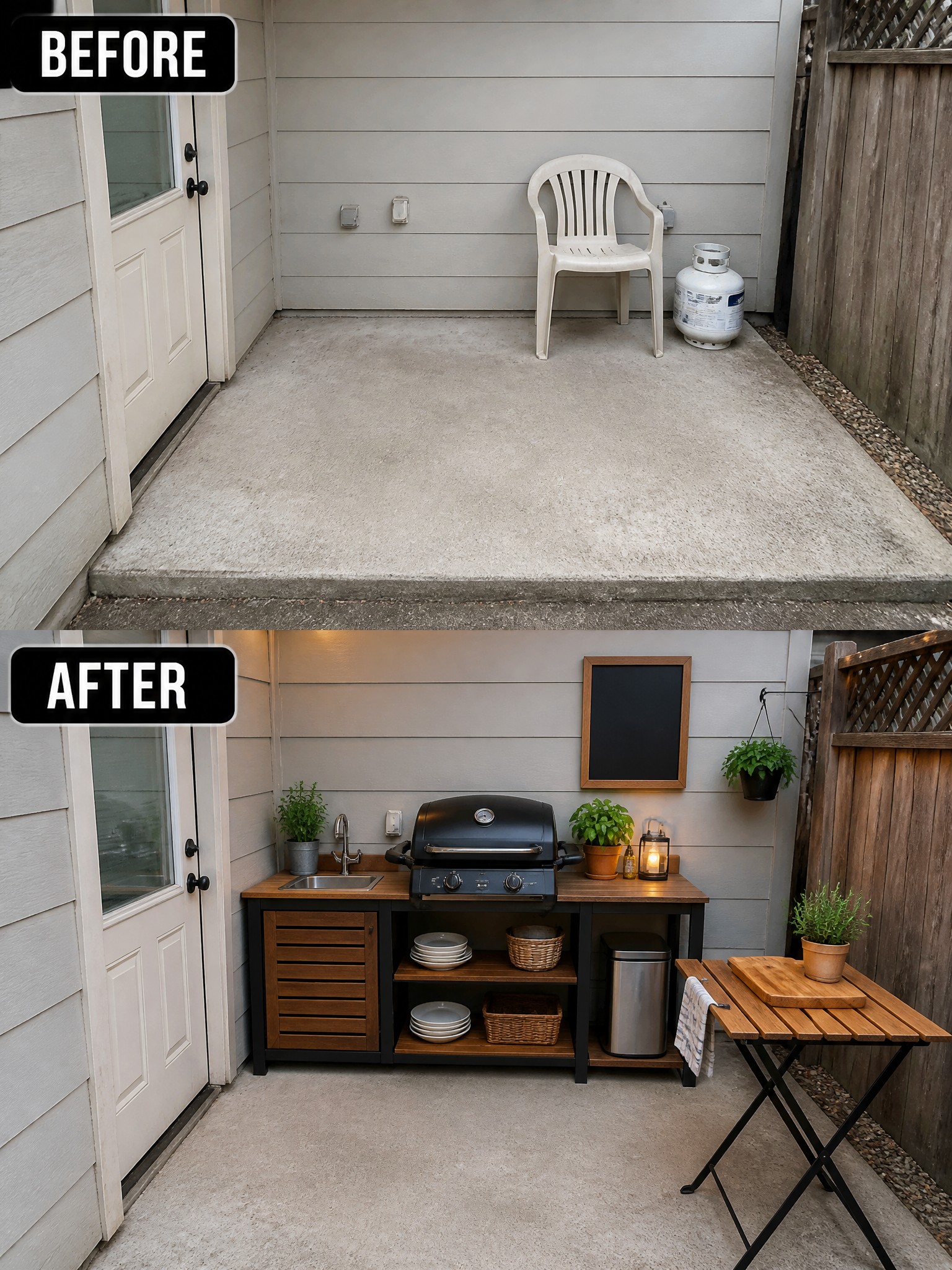 Before empty patio and after with outdoor kitchen grill sink and table