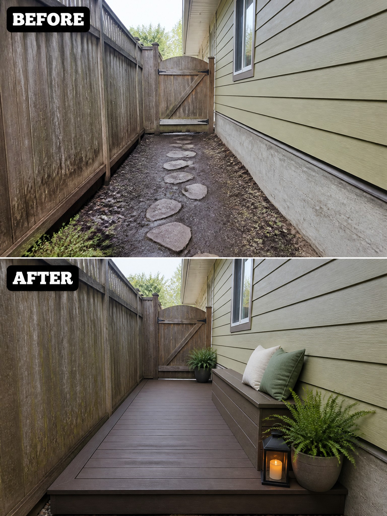 Before and after of narrow yard transformed into wooden deck with bench and plants