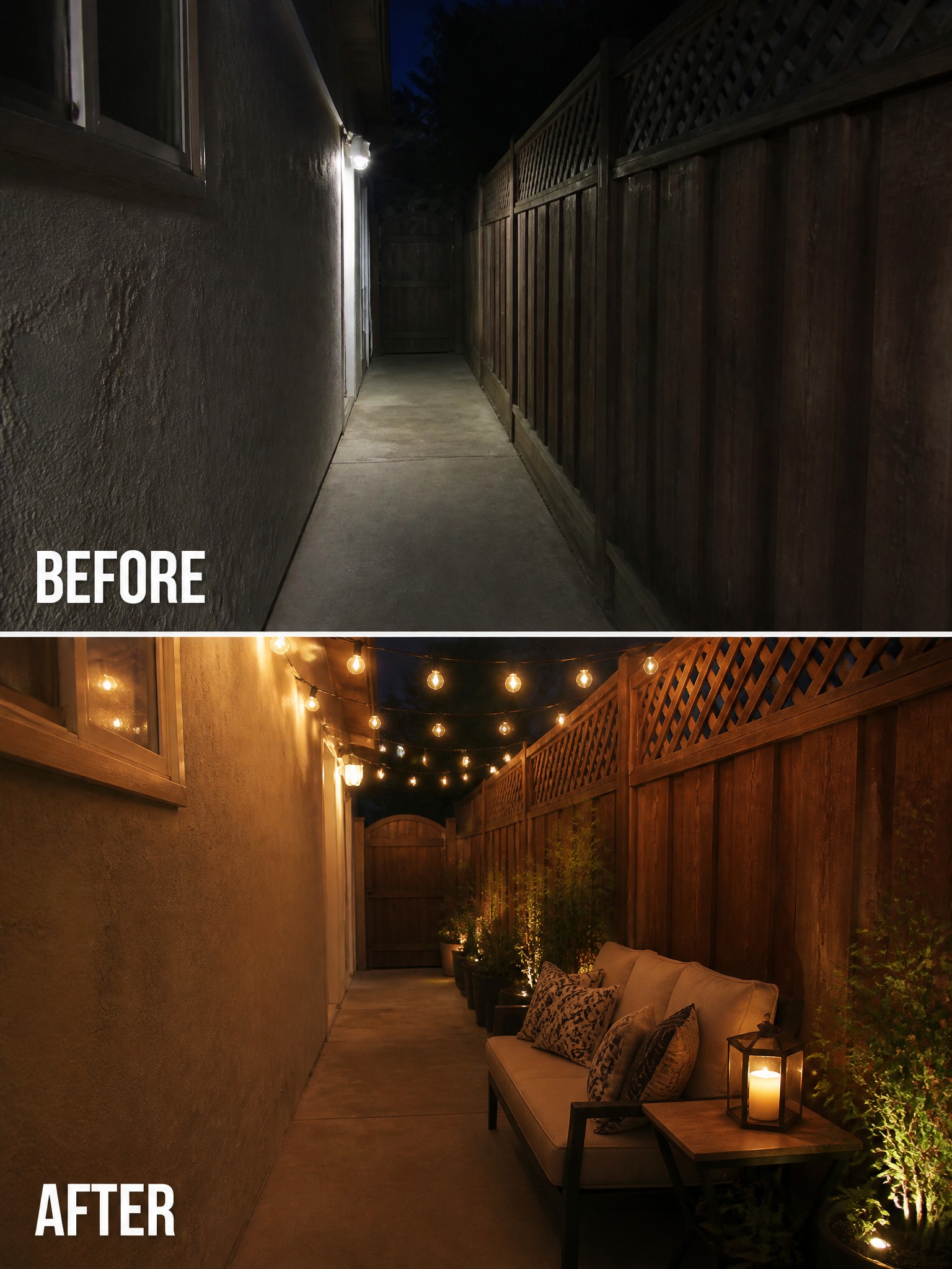 Before-and-after image of a narrow concrete side yard walkway turned into an outdoor seating area with string lights, a sofa, and plants.