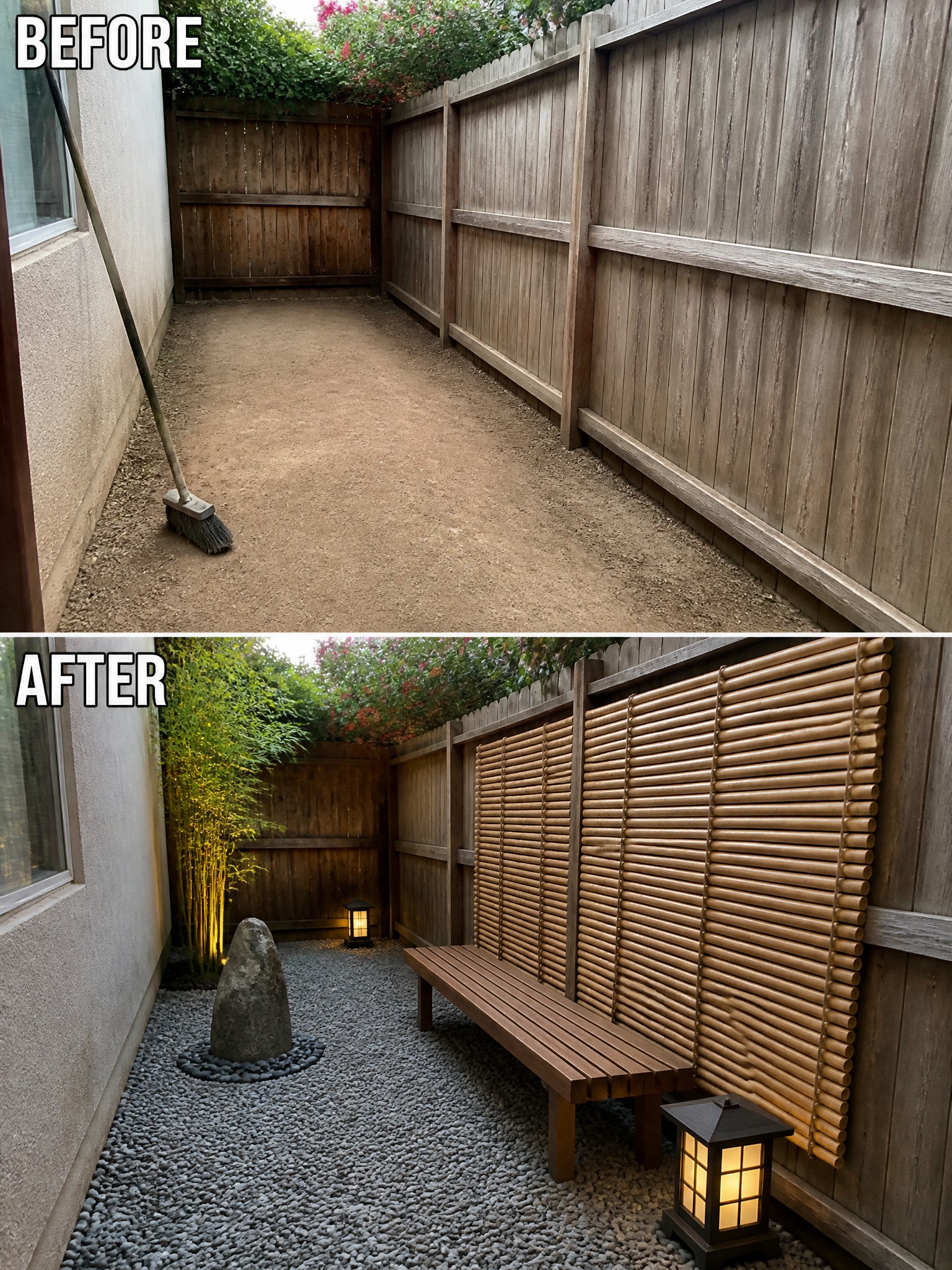 Before-and-after courtyard transformed into serene Japanese zen garden with bench and gravel.