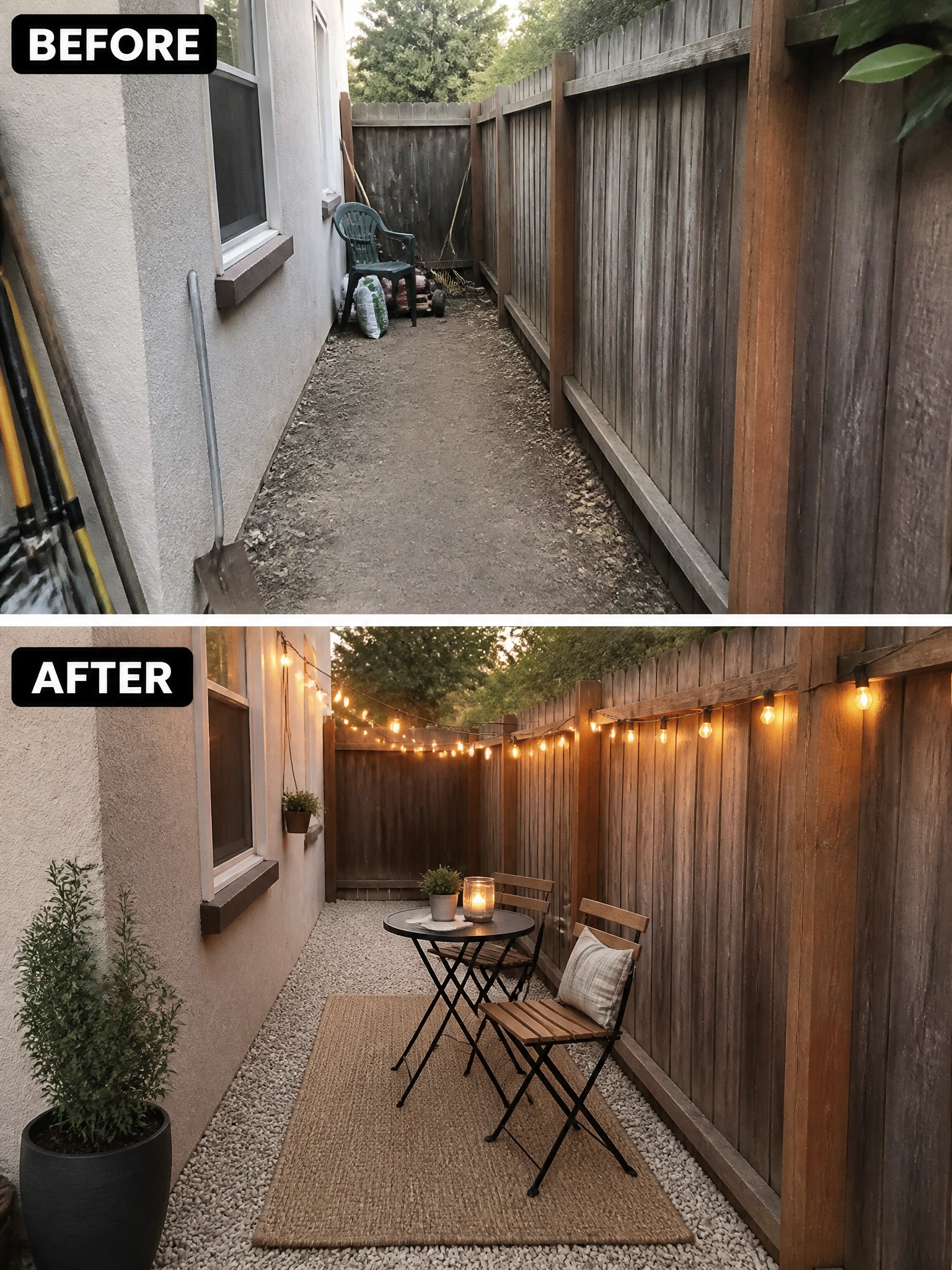 Before-and-after image of a neglected side yard transformed into a seating area with a table, chairs, rug, string lights, and potted plants.