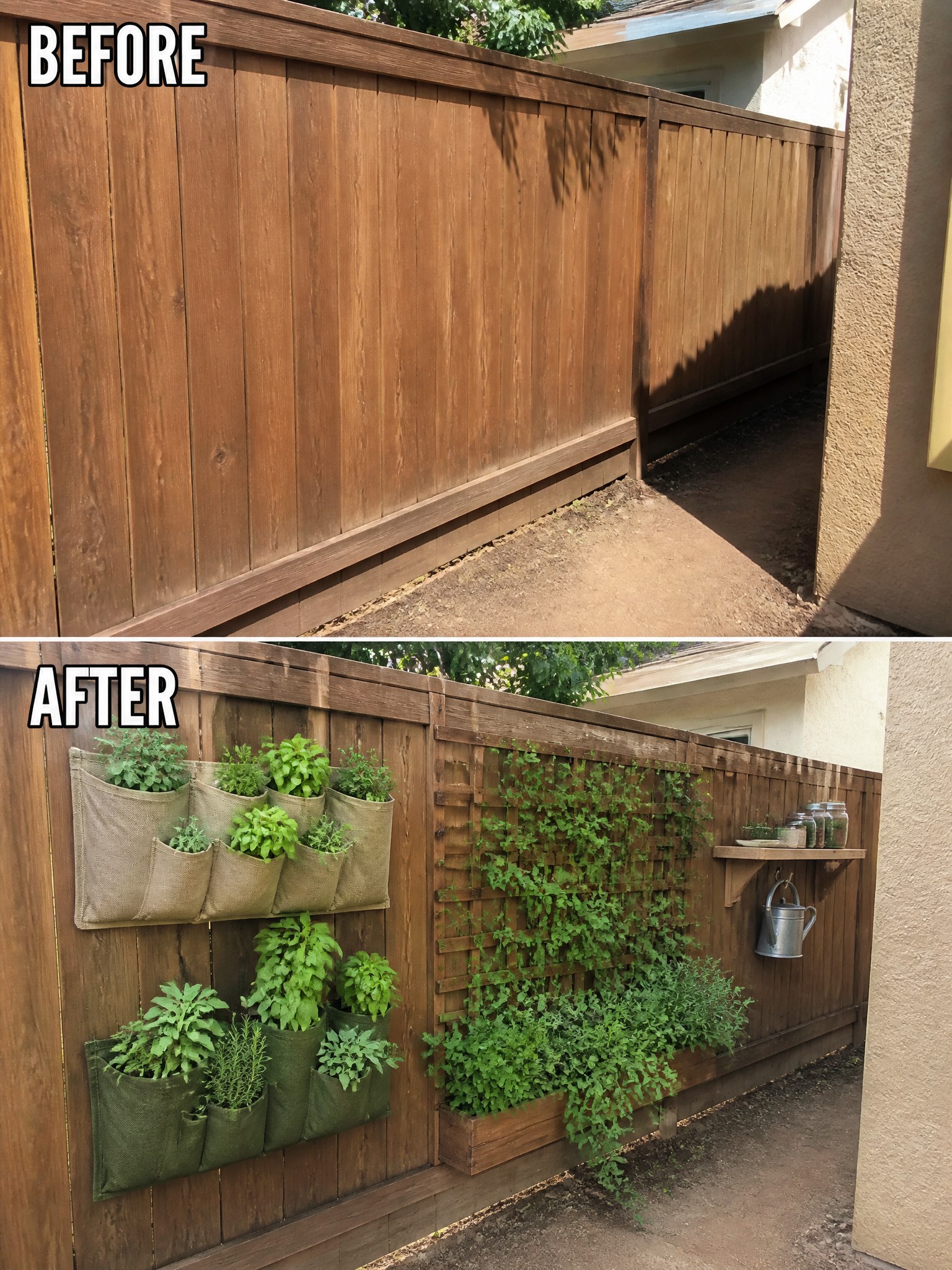 Before-and-after image of a plain wooden fence updated with hanging fabric planters and a vine-covered trellis.