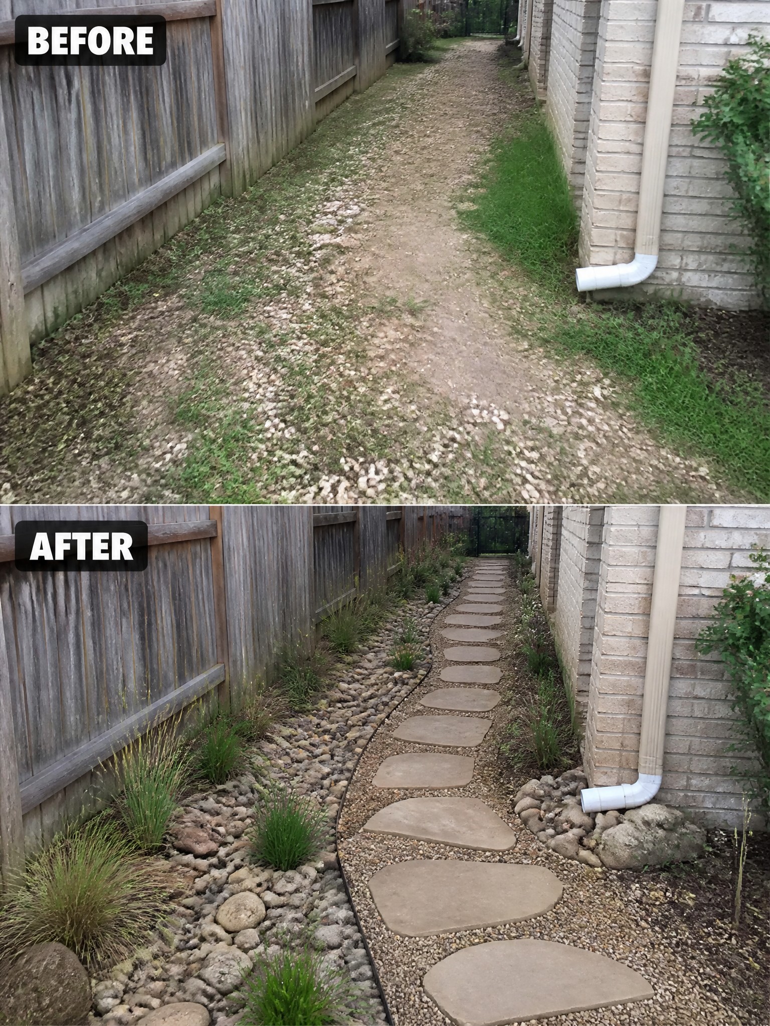 Before and after of gravel path upgraded with stepping stones, rocks, and plants.