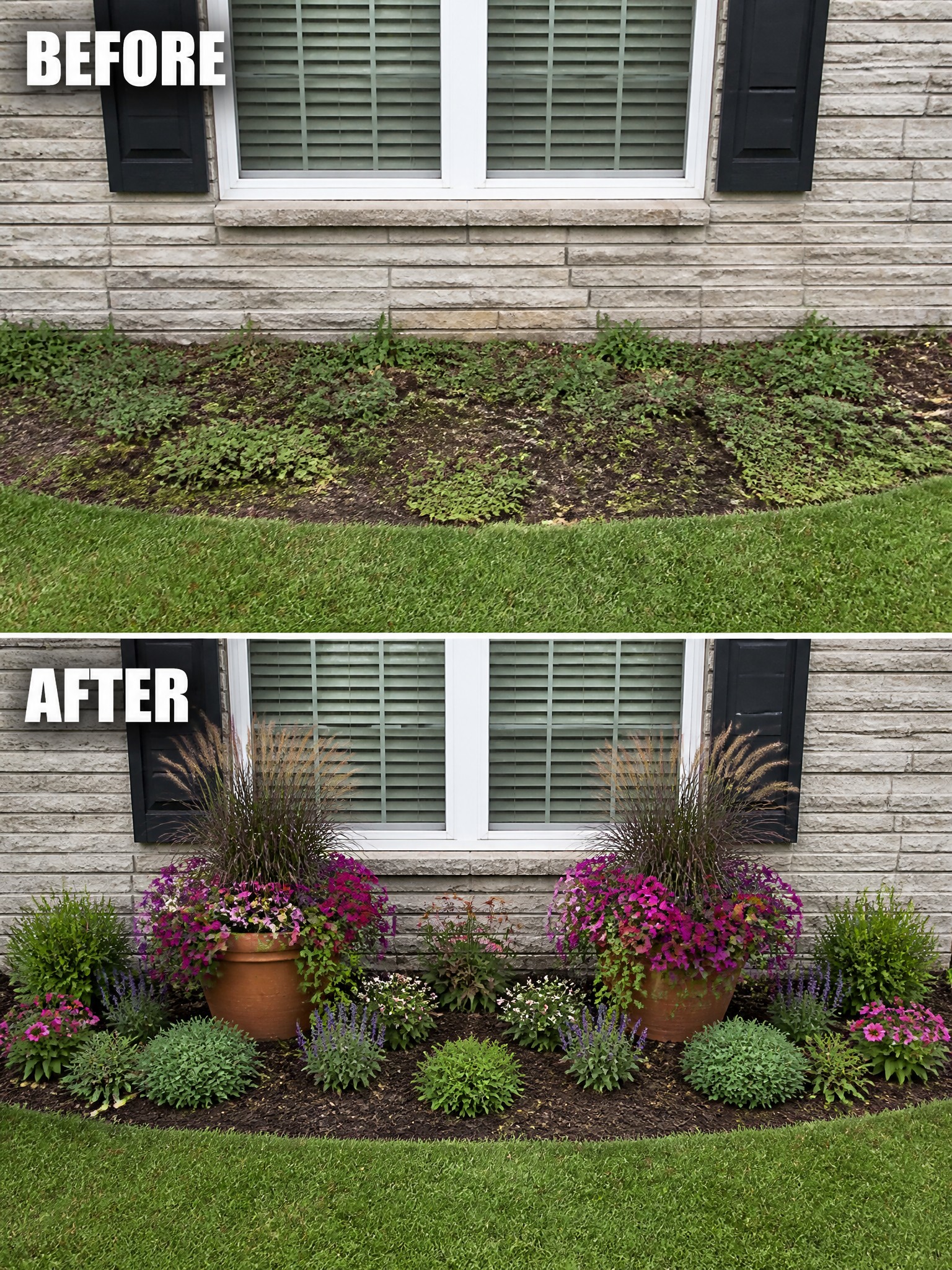 Before-and-after garden bed transformation from weeds to colorful potted flowers and plants.