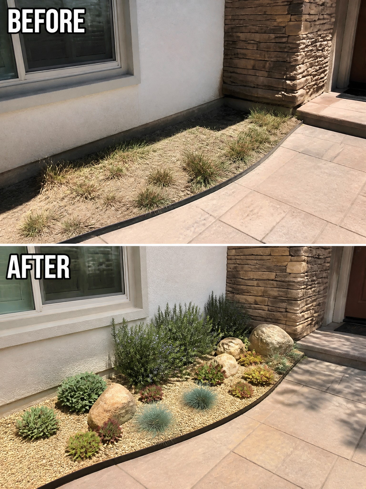 Before-and-after landscaping of sparse weeds into gravel bed with plants and rocks.