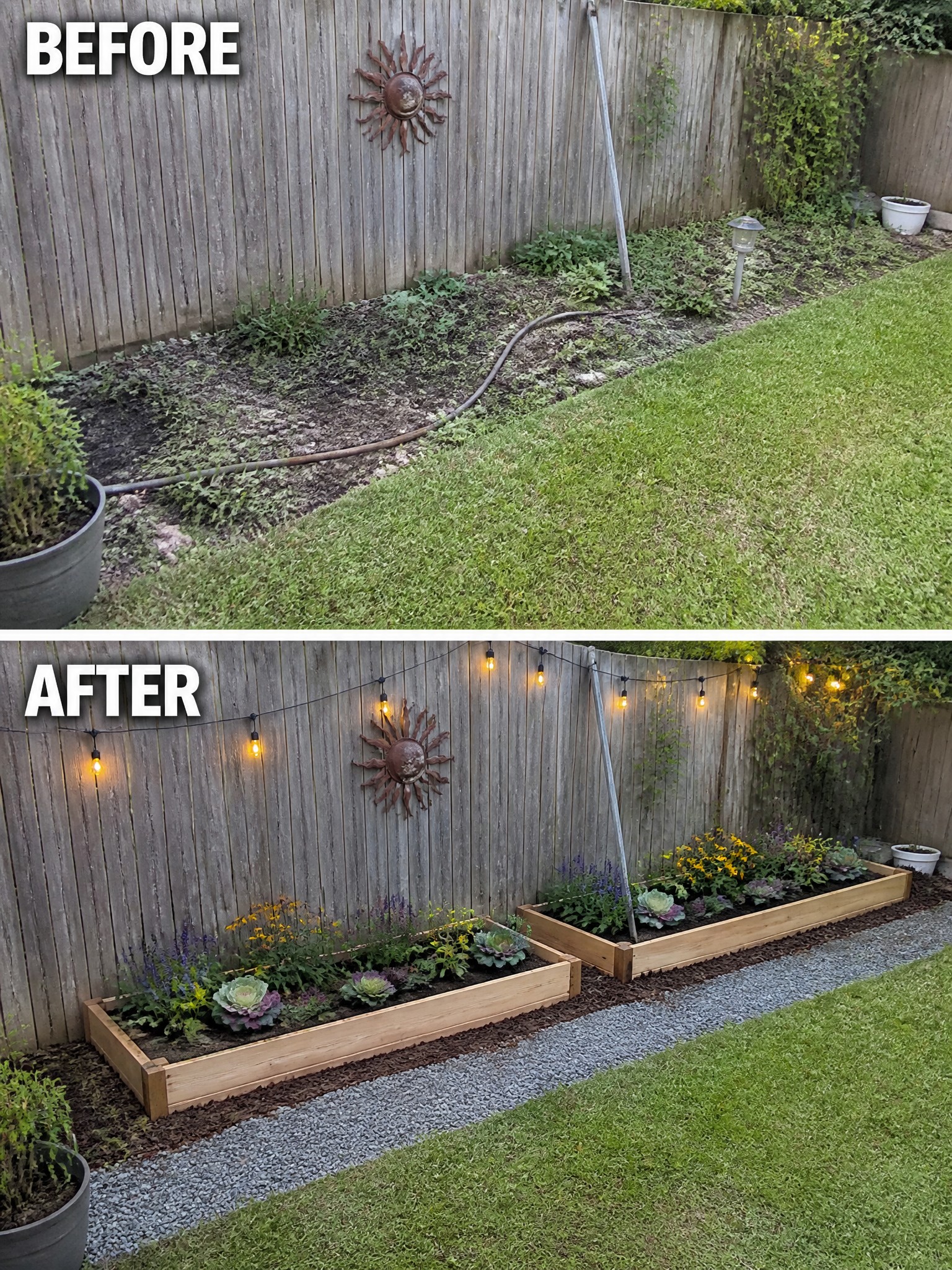 Before and after backyard makeover with raised beds, flowers, and string lights.