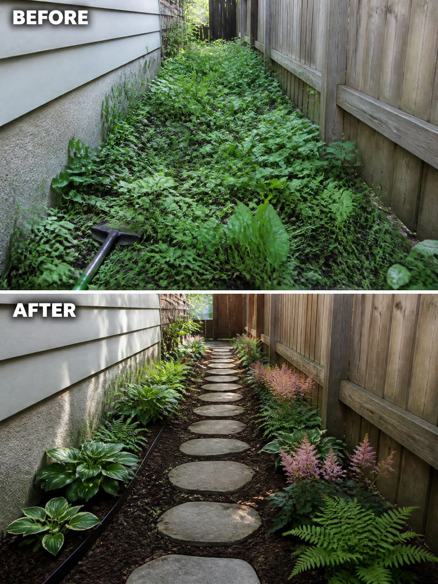 Before and after of overgrown weedy path transformed into neat stone-stepped garden with plants.