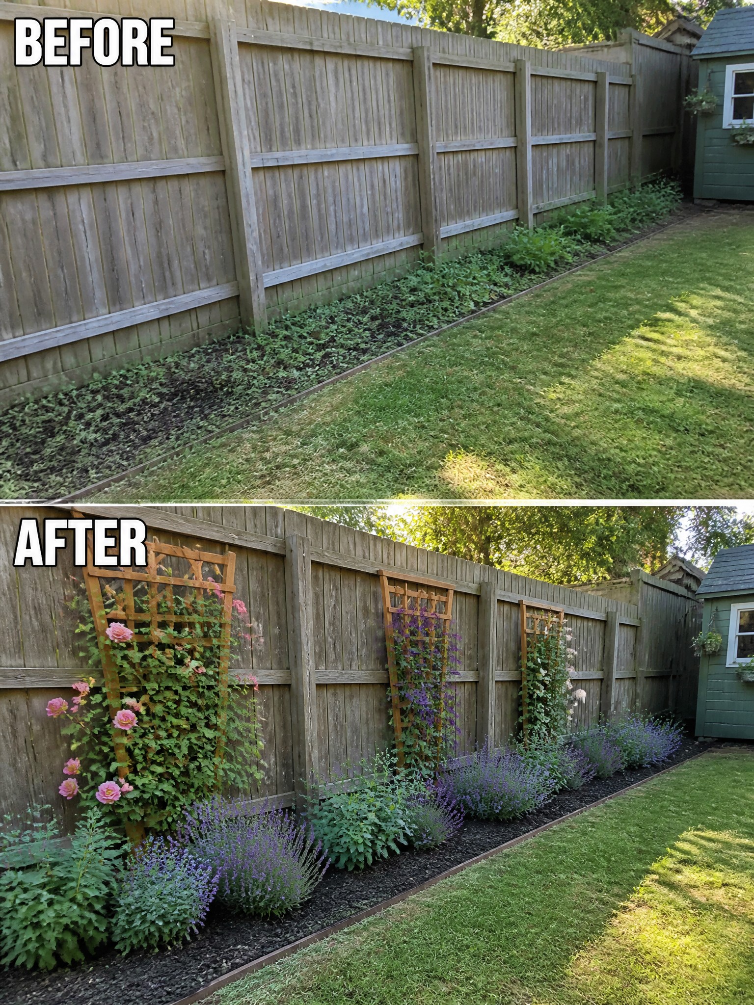 Before-and-after backyard fence with added trellises, climbing roses, and lavender garden bed.