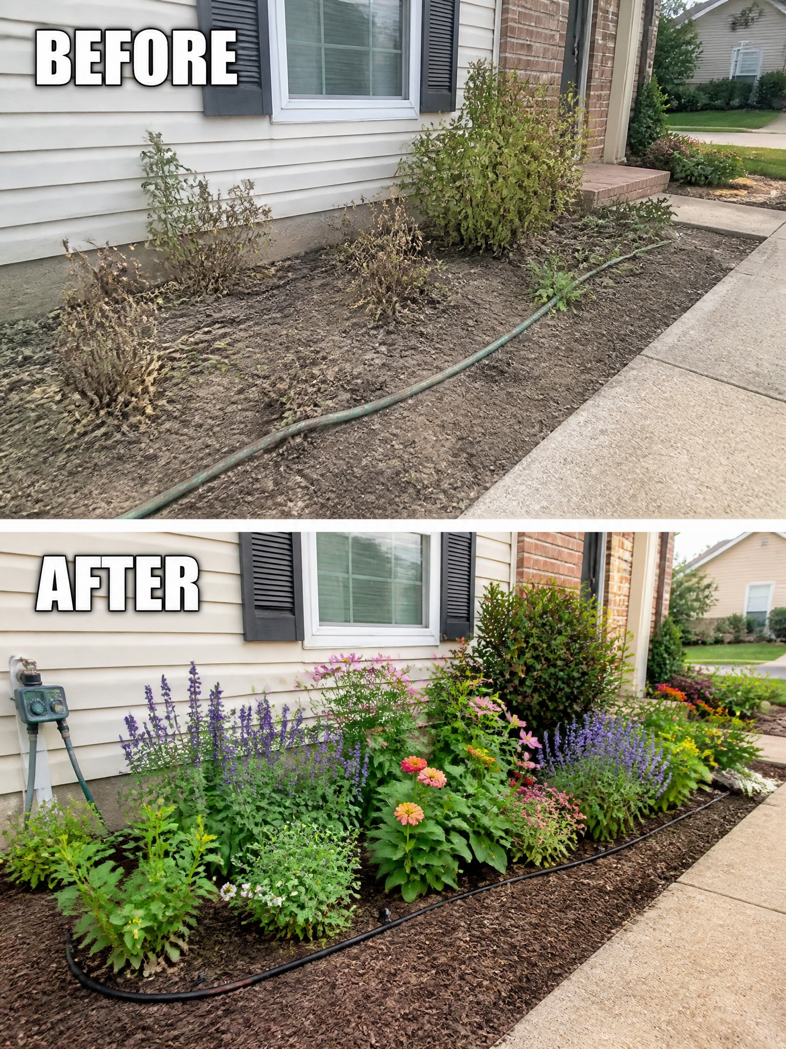 Before-and-after image of an overgrown foundation bed turned into a mulched flower garden with colorful plants and a soaker hose.
