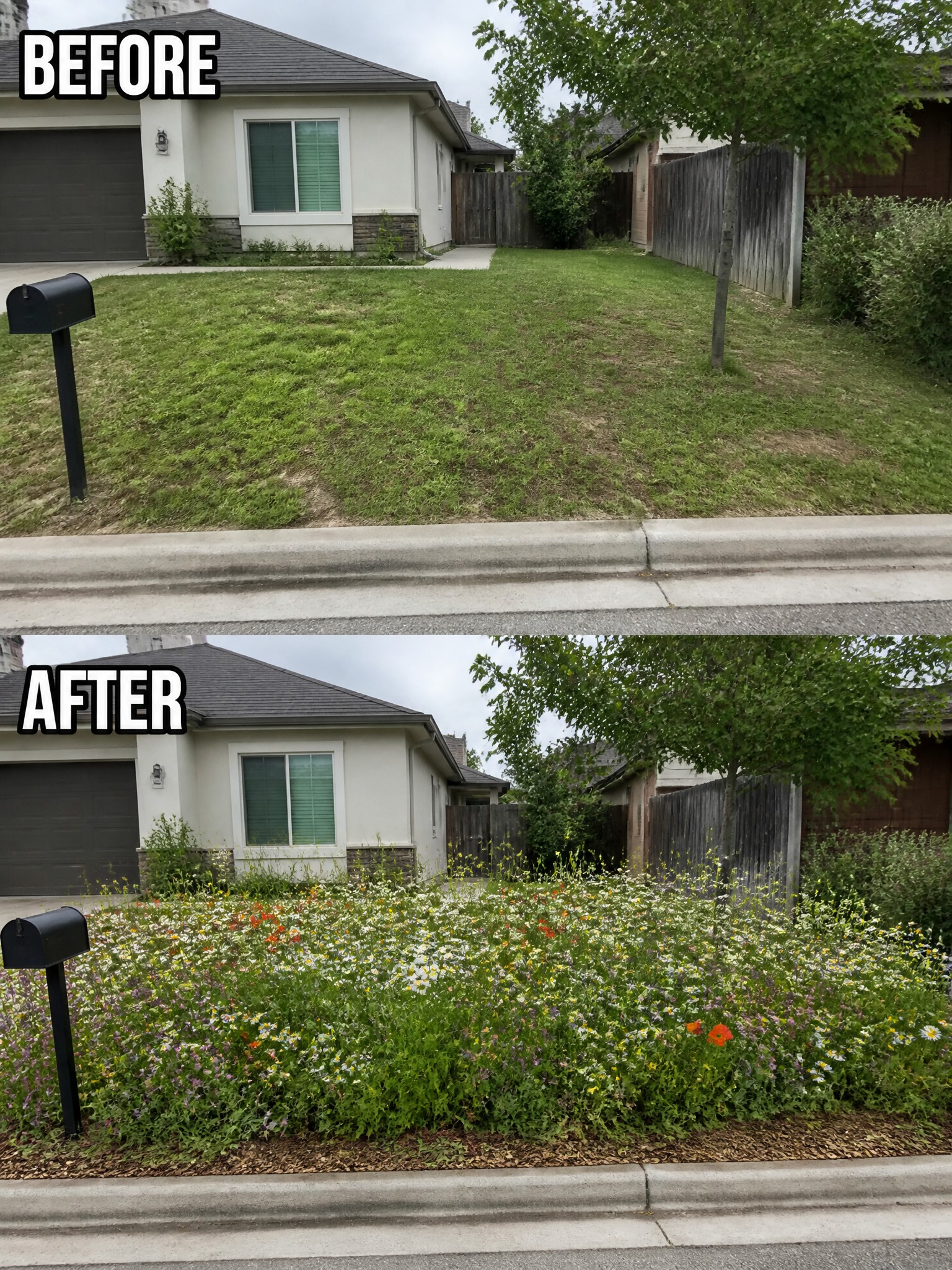 Before and after of house yard with lawn replaced by colorful wildflower garden.